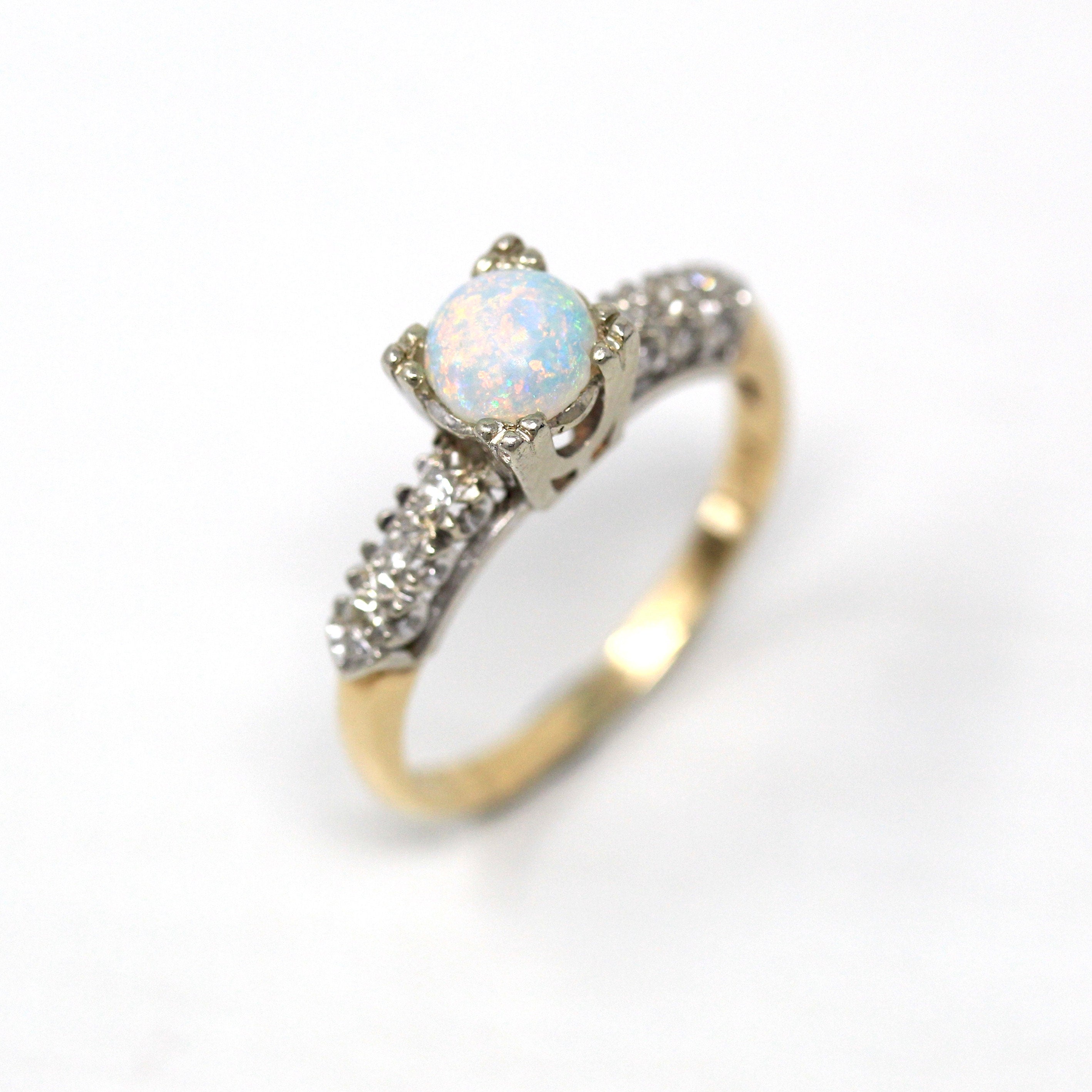 Retro Opal Ring - Vintage 14k Yellow & White Gold Genuine .43 CT Round Cabochon Gemstone - Vintage Circa 1940s Size 6 Two Tone Fine Jewelry