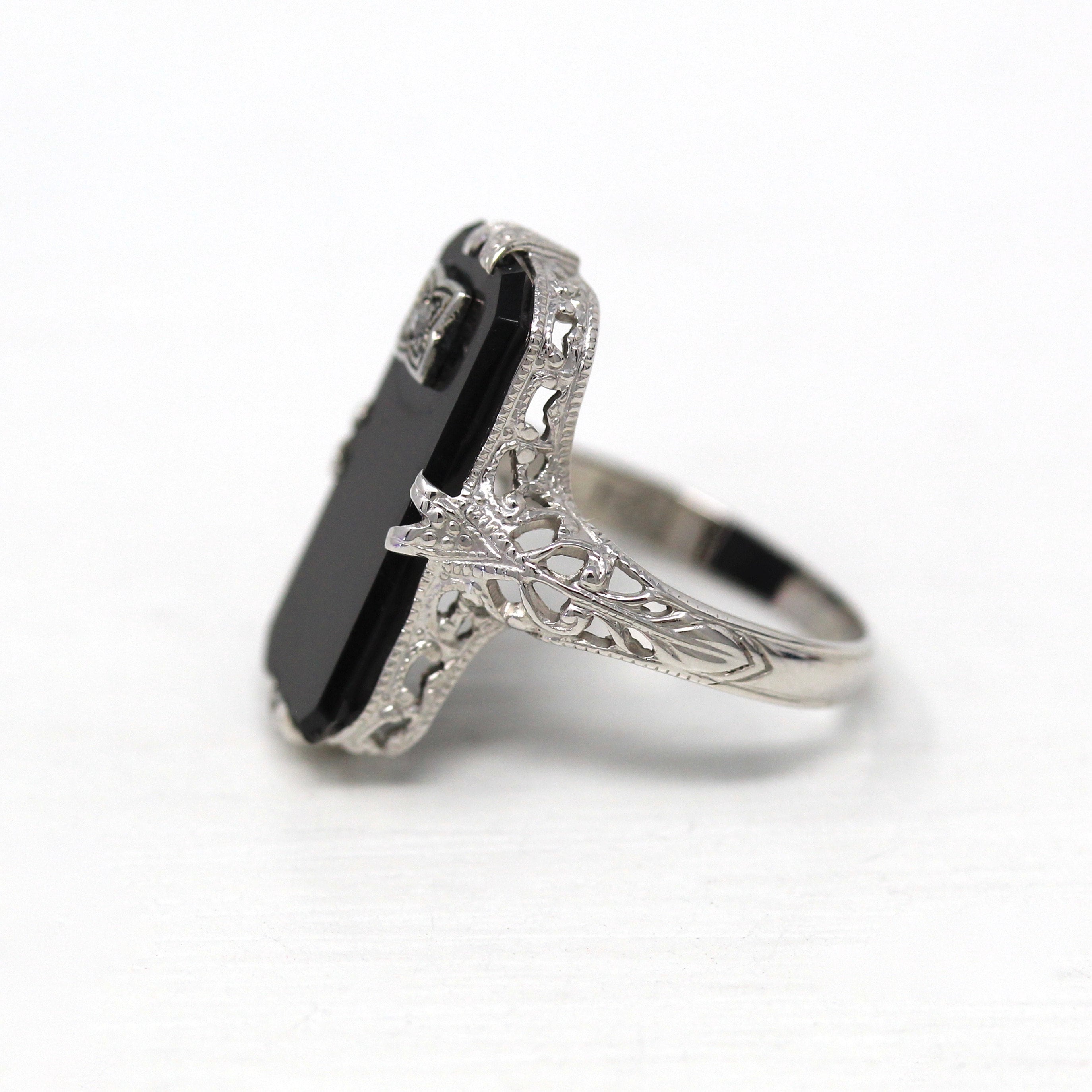 Onyx & Diamond Ring - Art Deco Era 14k White Gold Genuine .01 CT Gemstone Filigree - Vintage Circa 1920s Size 3 3/4 Milgrain Fine Jewelry