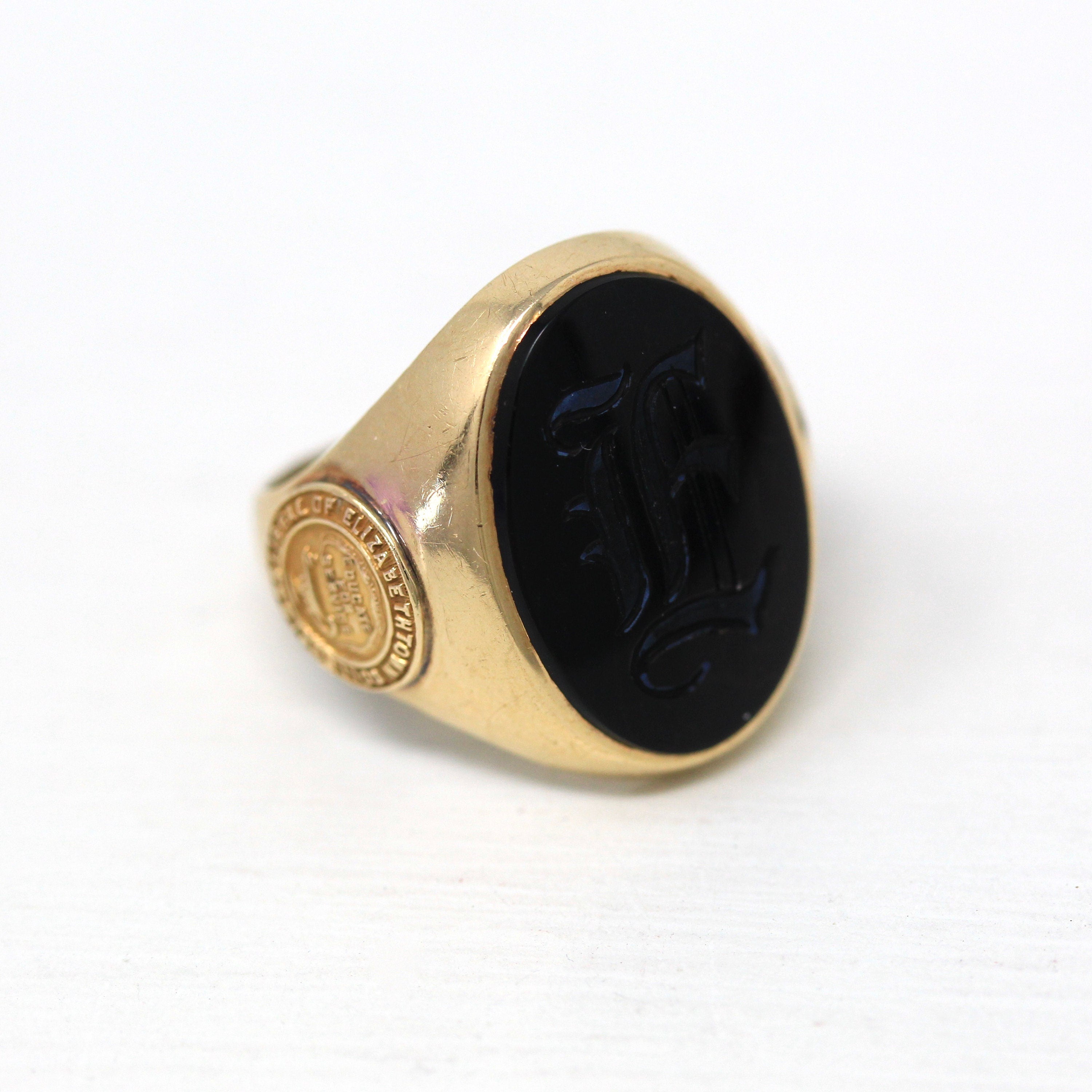 1936 Class Ring - Art Deco 10k Yellow Gold Elizabethtown College Signet - Vintage Carved Initial E Genuine Black Onyx Statement Fine Jewelry