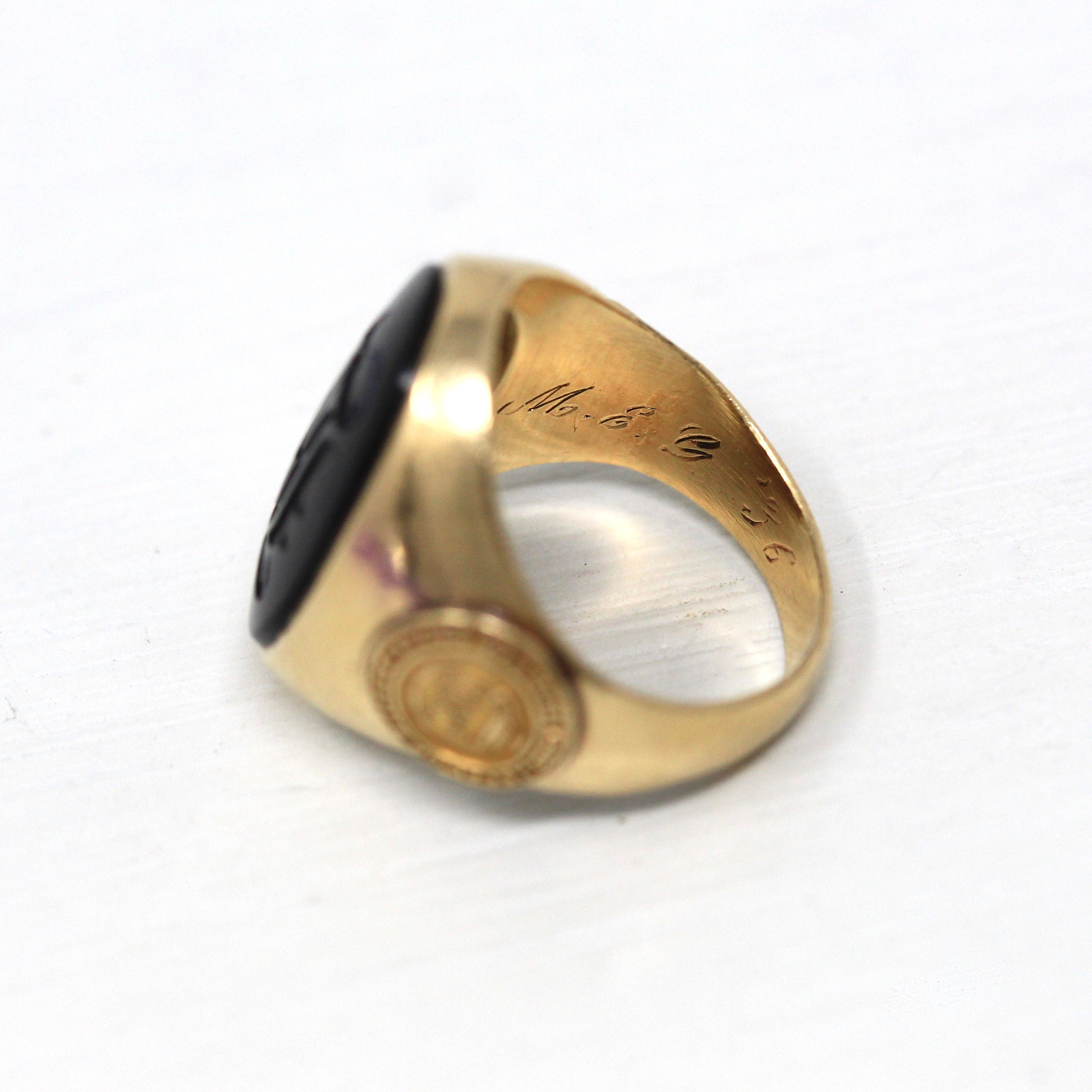 1936 Class Ring - Art Deco 10k Yellow Gold Elizabethtown College Signet - Vintage Carved Initial E Genuine Black Onyx Statement Fine Jewelry