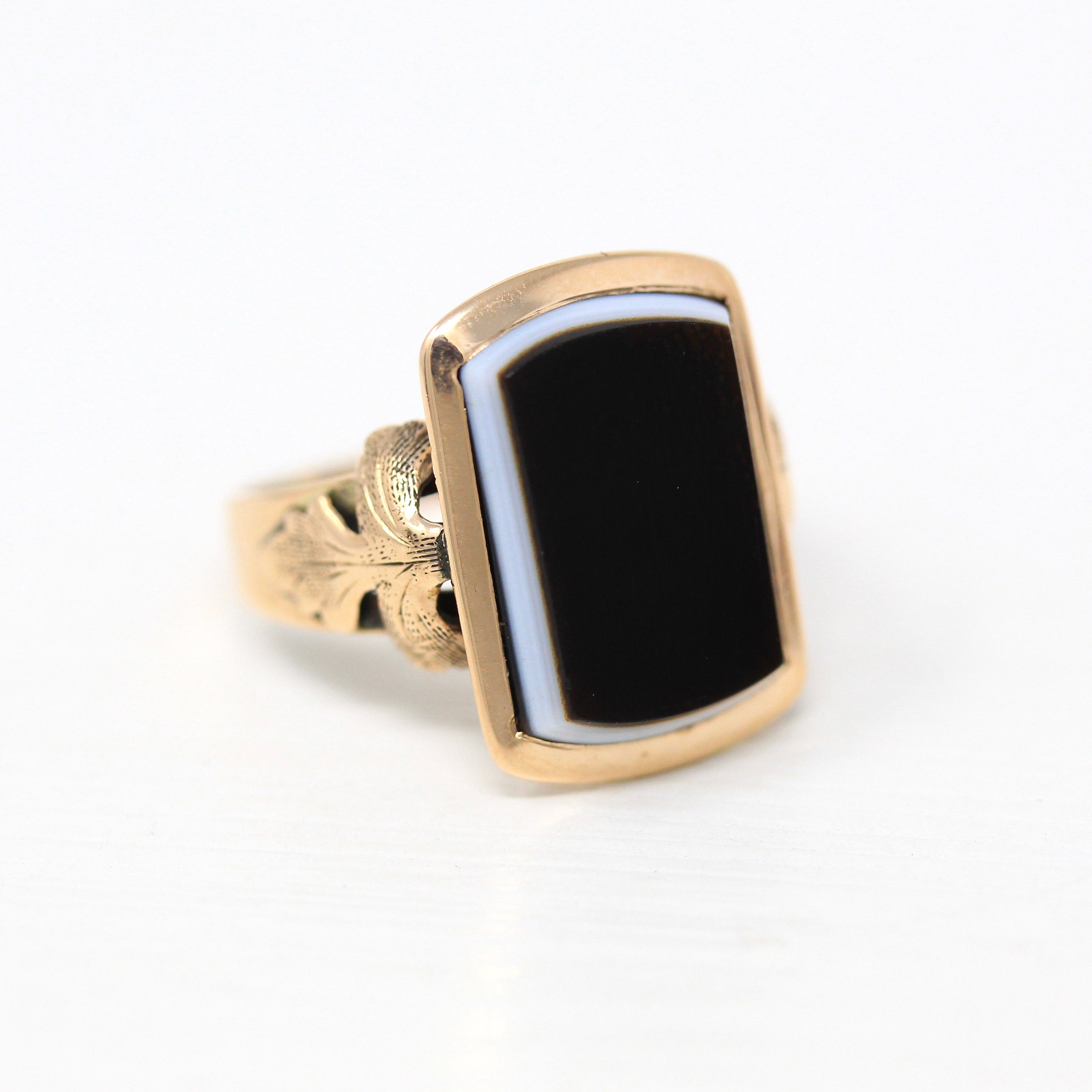 Genuine Onyx Ring - Victorian Era 10k Yellow Gold Genuine Black & White Gemstone - Antique Circa 1890s Size 5.75 Statement Gem Fine Jewelry