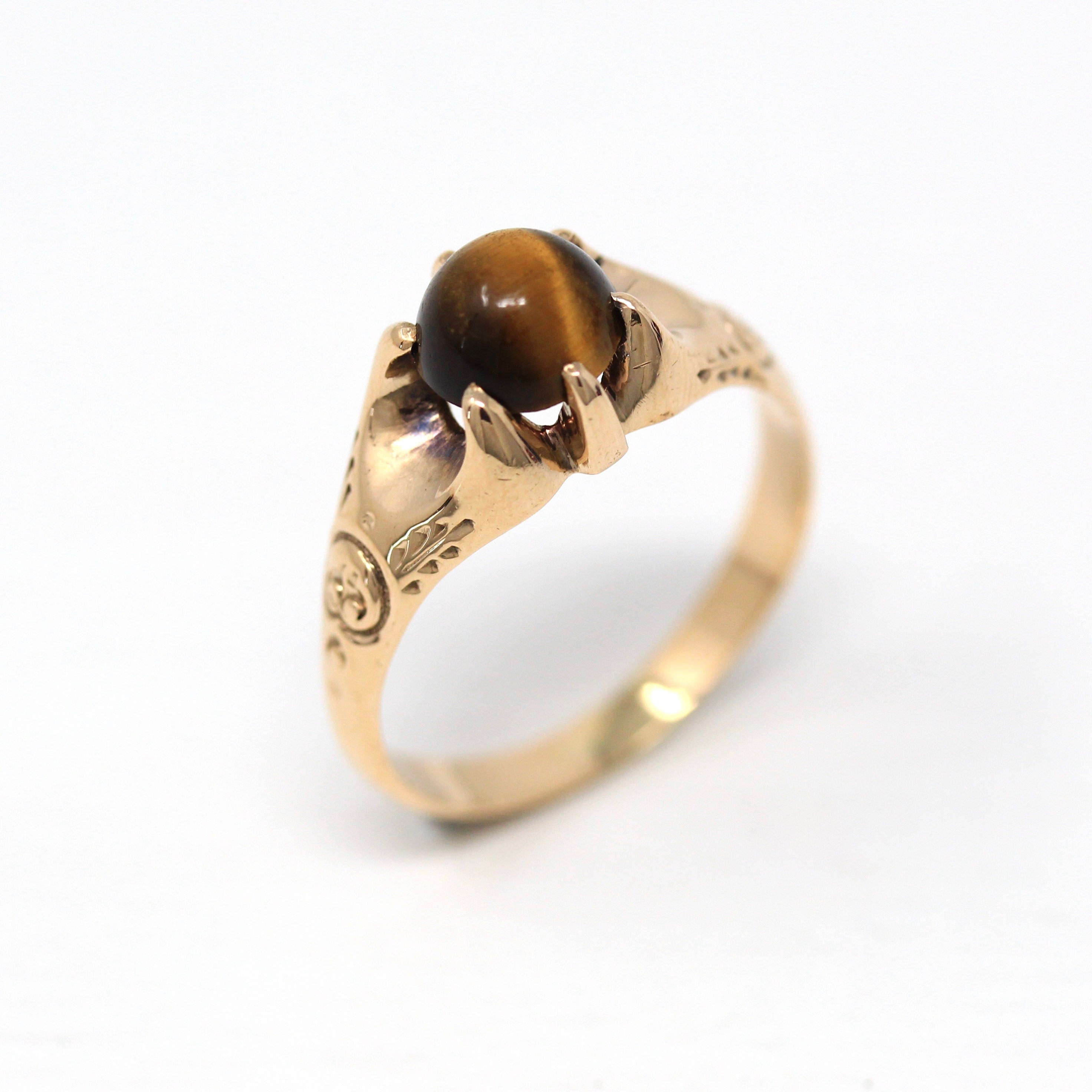 Tiger's Eye Ring - Victorian 10k Rose Gold Genuine Round Cabochon Cut Gemstone - Antique Circa 1890's Era Size 11 1/4 Statement Fine Jewelry