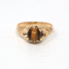 Tiger's Eye Ring - Victorian 10k Rose Gold Genuine Round Cabochon Cut Gemstone - Antique Circa 1890's Era Size 11 1/4 Statement Fine Jewelry