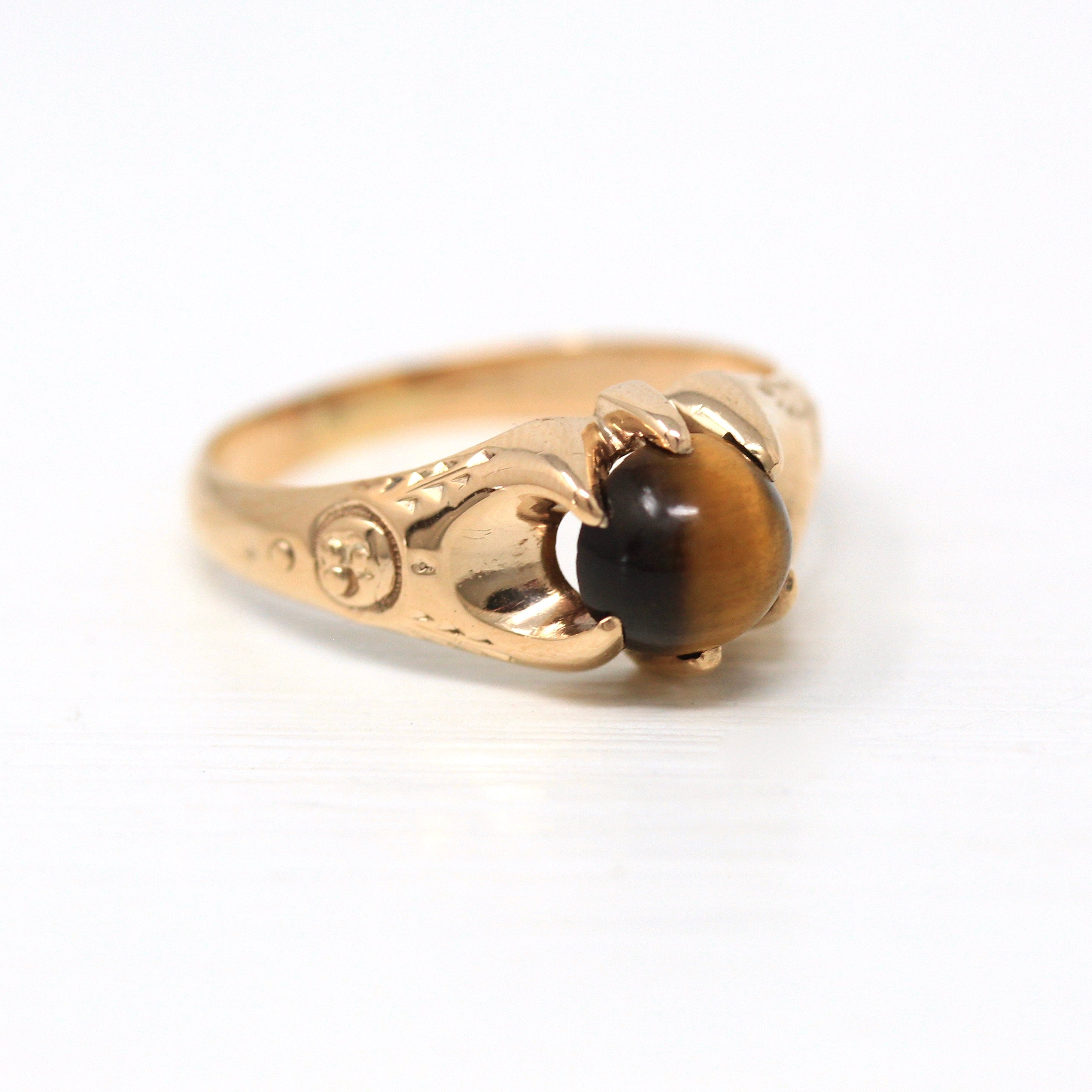 Tiger's Eye Ring - Victorian 10k Rose Gold Genuine Round Cabochon Cut Gemstone - Antique Circa 1890's Era Size 11 1/4 Statement Fine Jewelry