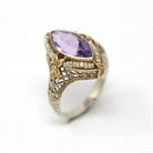 Genuine Amethyst Ring - Vintage Art Deco 14k White Gold 1.62 CT Purple Gem - Circa 1930s Era Size 5 1/4 Seed Pearl Halo Flower Fine Jewelry