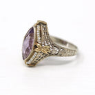 Genuine Amethyst Ring - Vintage Art Deco 14k White Gold 1.62 CT Purple Gem - Circa 1930s Era Size 5 1/4 Seed Pearl Halo Flower Fine Jewelry