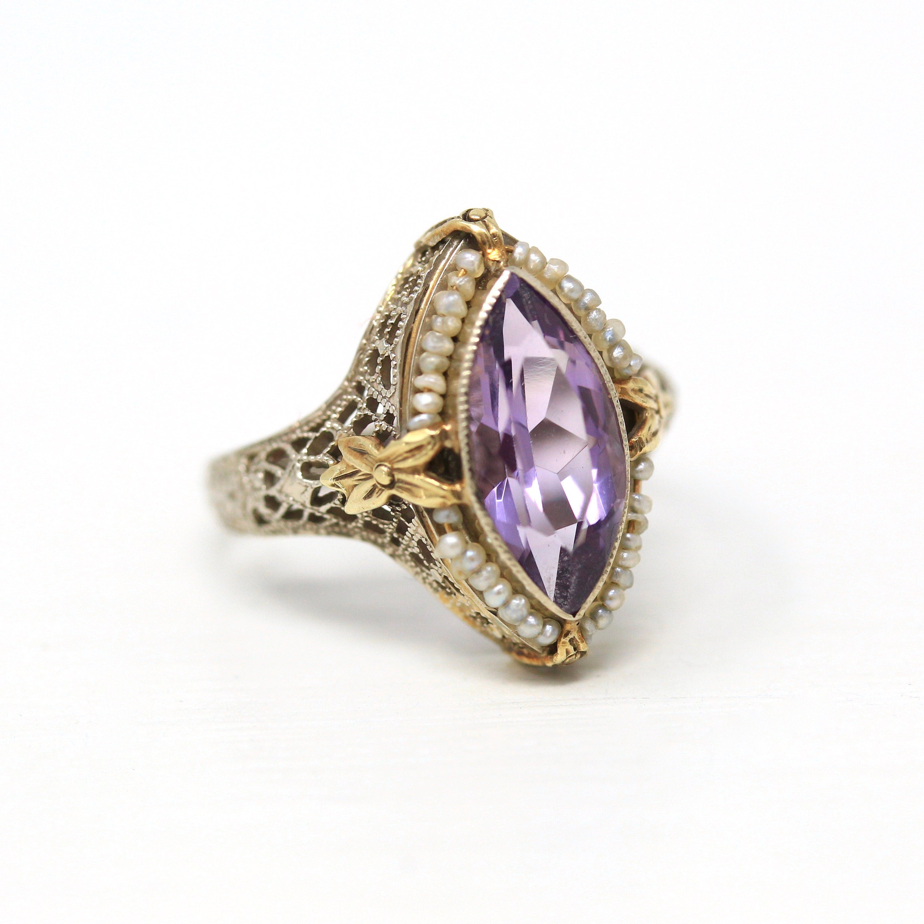 Genuine Amethyst Ring - Vintage Art Deco 14k White Gold 1.62 CT Purple Gem - Circa 1930s Era Size 5 1/4 Seed Pearl Halo Flower Fine Jewelry