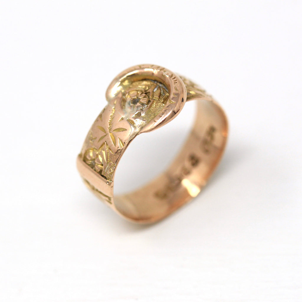 Antique Buckle Ring - Edwardian 9k Rose Gold English Belt Band - Vintage Hallmarked Chester 1913 Size 7 1/4 England Fine Wedding Jewelry