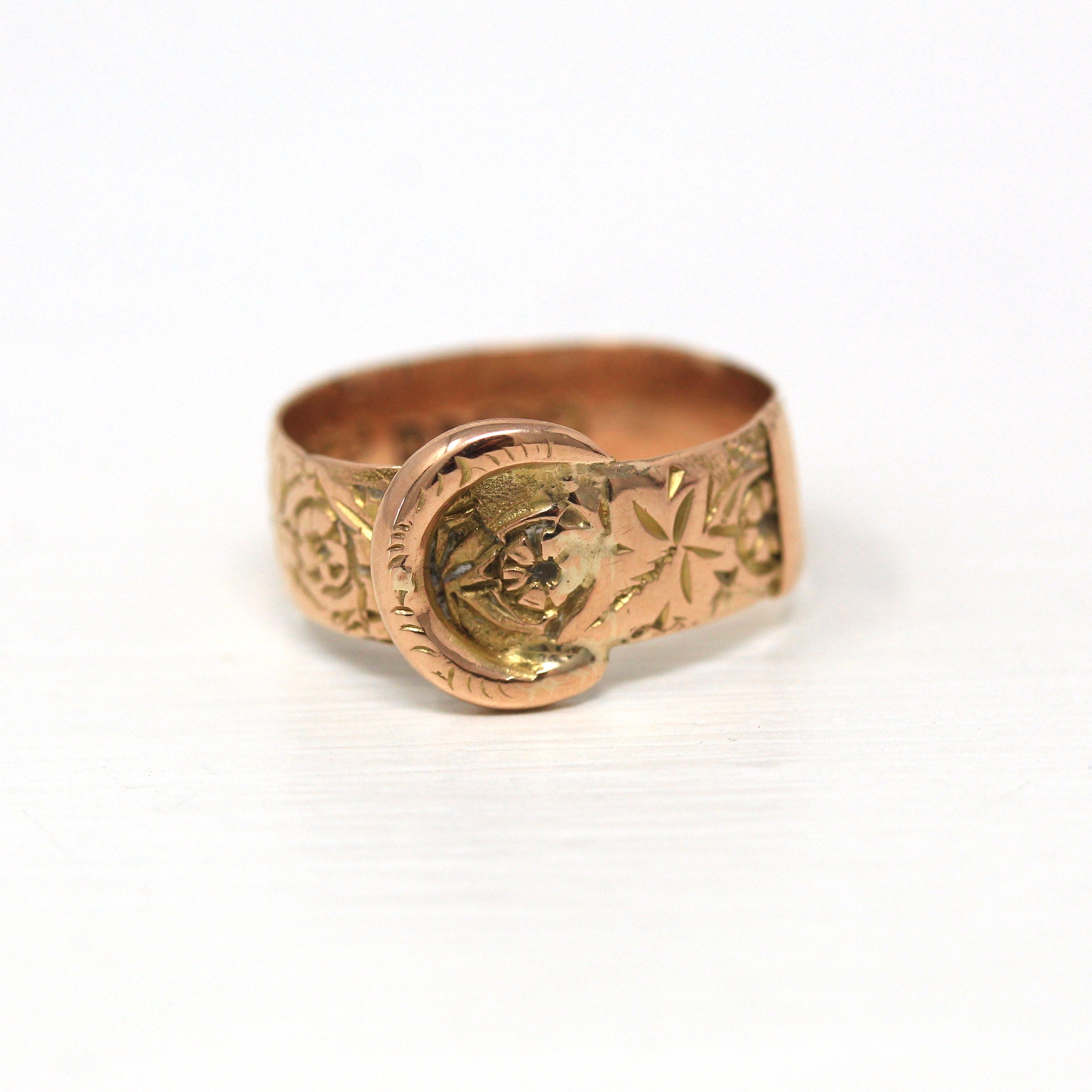 Antique Buckle Ring - Edwardian 9k Rose Gold English Belt Band - Vintage Hallmarked Chester 1913 Size 7 1/4 England Fine Wedding Jewelry