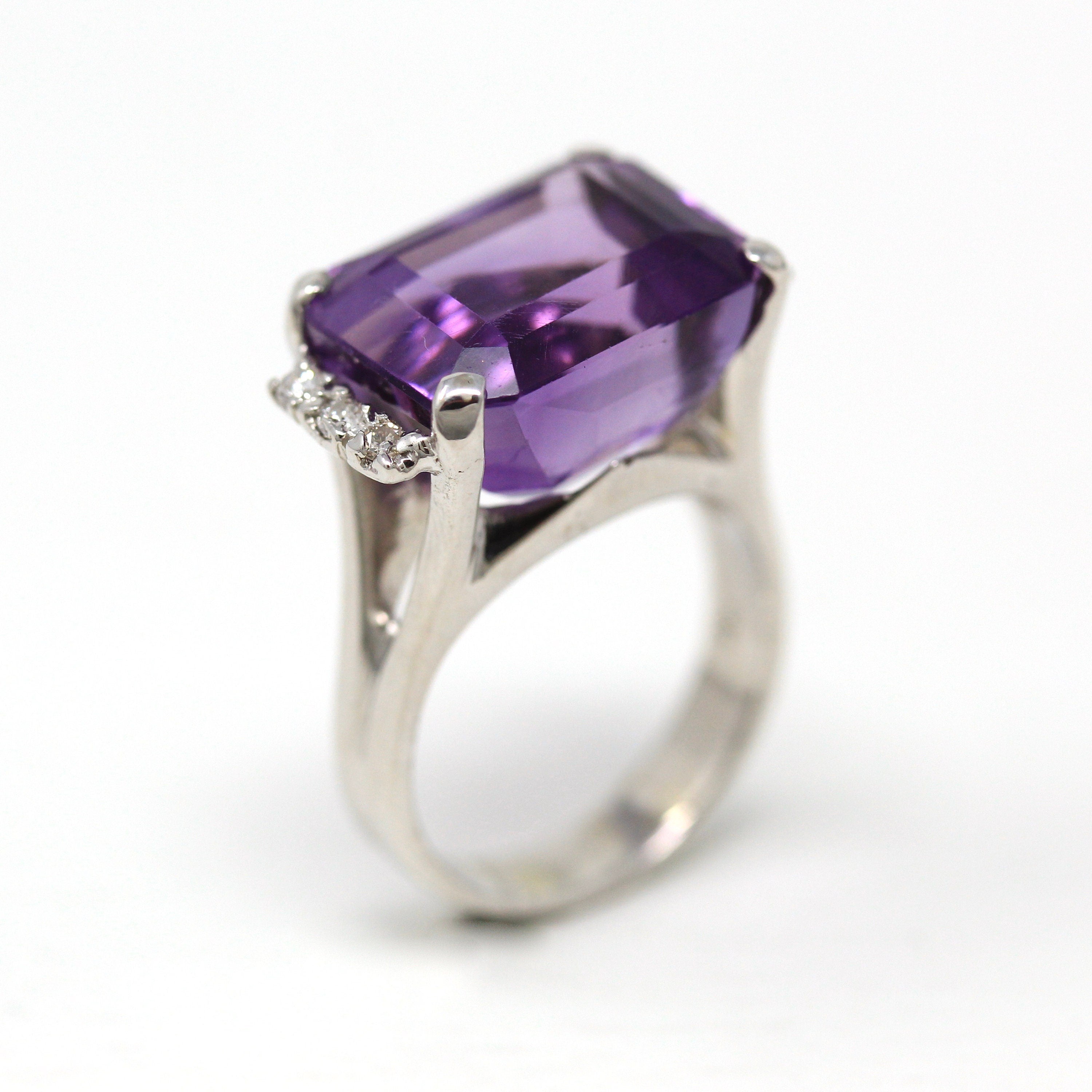 Amethyst & Diamond Ring - Estate 18k White Gold Genuine Purple 12.5 CT Gemstone - Modern Size 6.5 Diamond Fine Statement Cocktail Jewelry