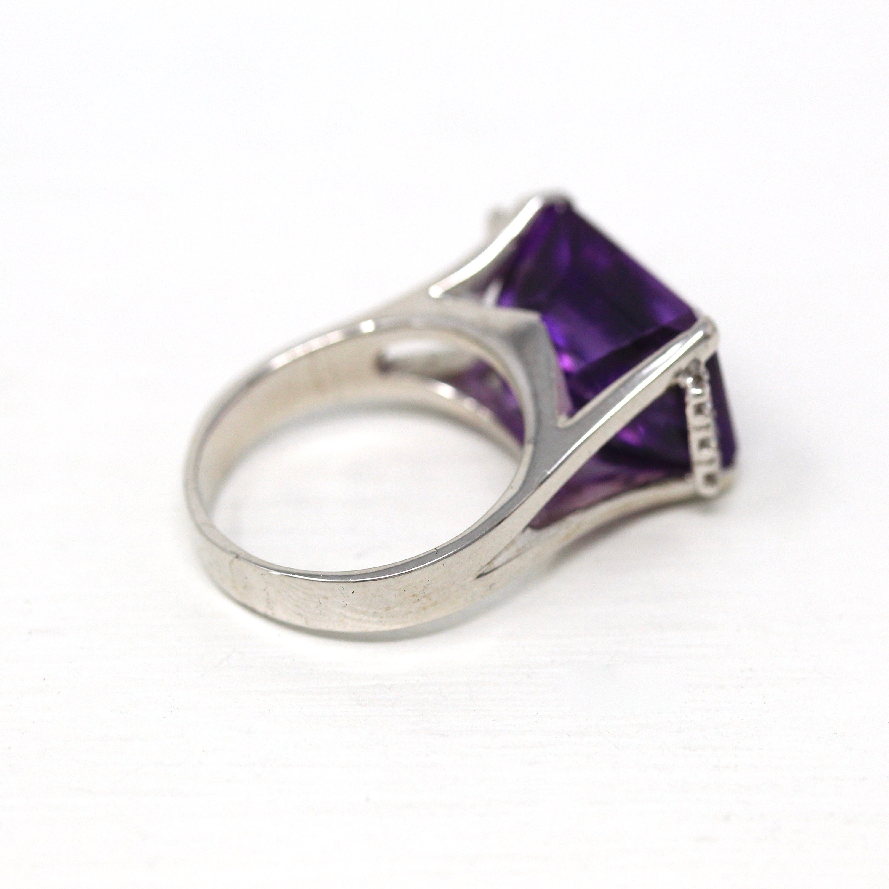 Amethyst & Diamond Ring - Estate 18k White Gold Genuine Purple 12.5 CT Gemstone - Modern Size 6.5 Diamond Fine Statement Cocktail Jewelry