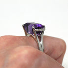 Amethyst & Diamond Ring - Estate 18k White Gold Genuine Purple 12.5 CT Gemstone - Modern Size 6.5 Diamond Fine Statement Cocktail Jewelry