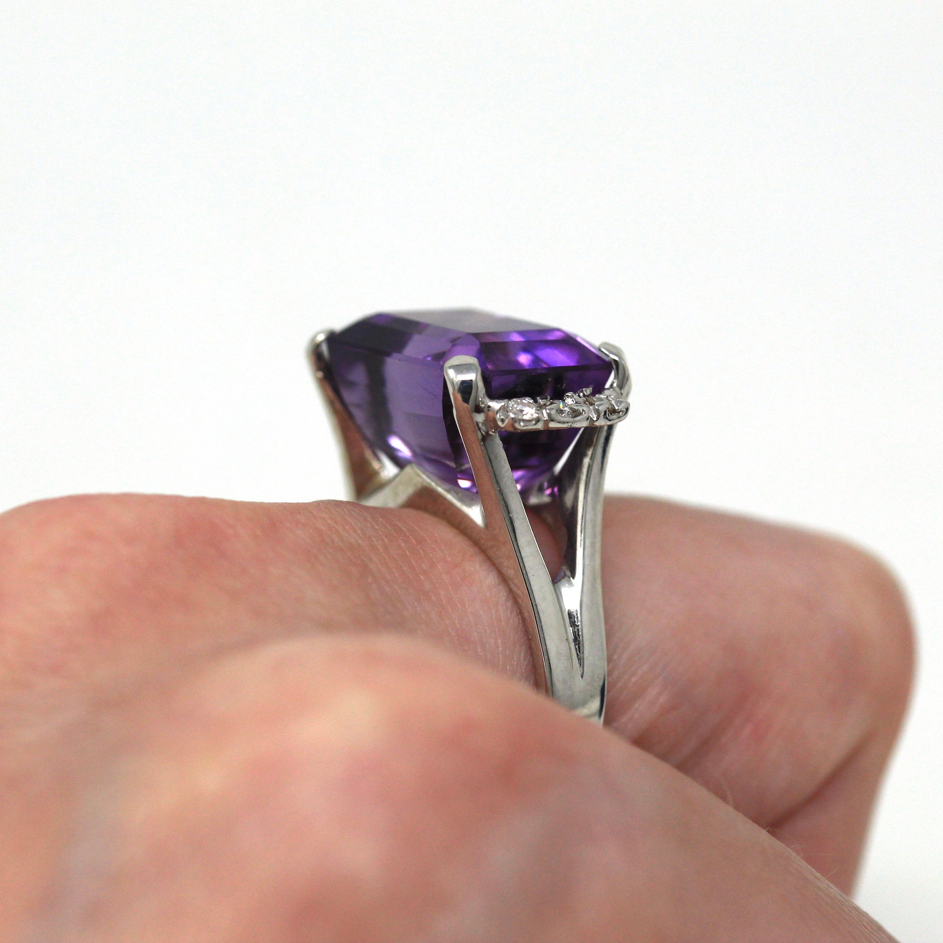 Sale - Amethyst & Diamond Ring - Estate 18k White Gold Genuine Purple 12.5 CT Gemstone - Modern Size 6.5 Diamond Statement Cocktail Jewelry