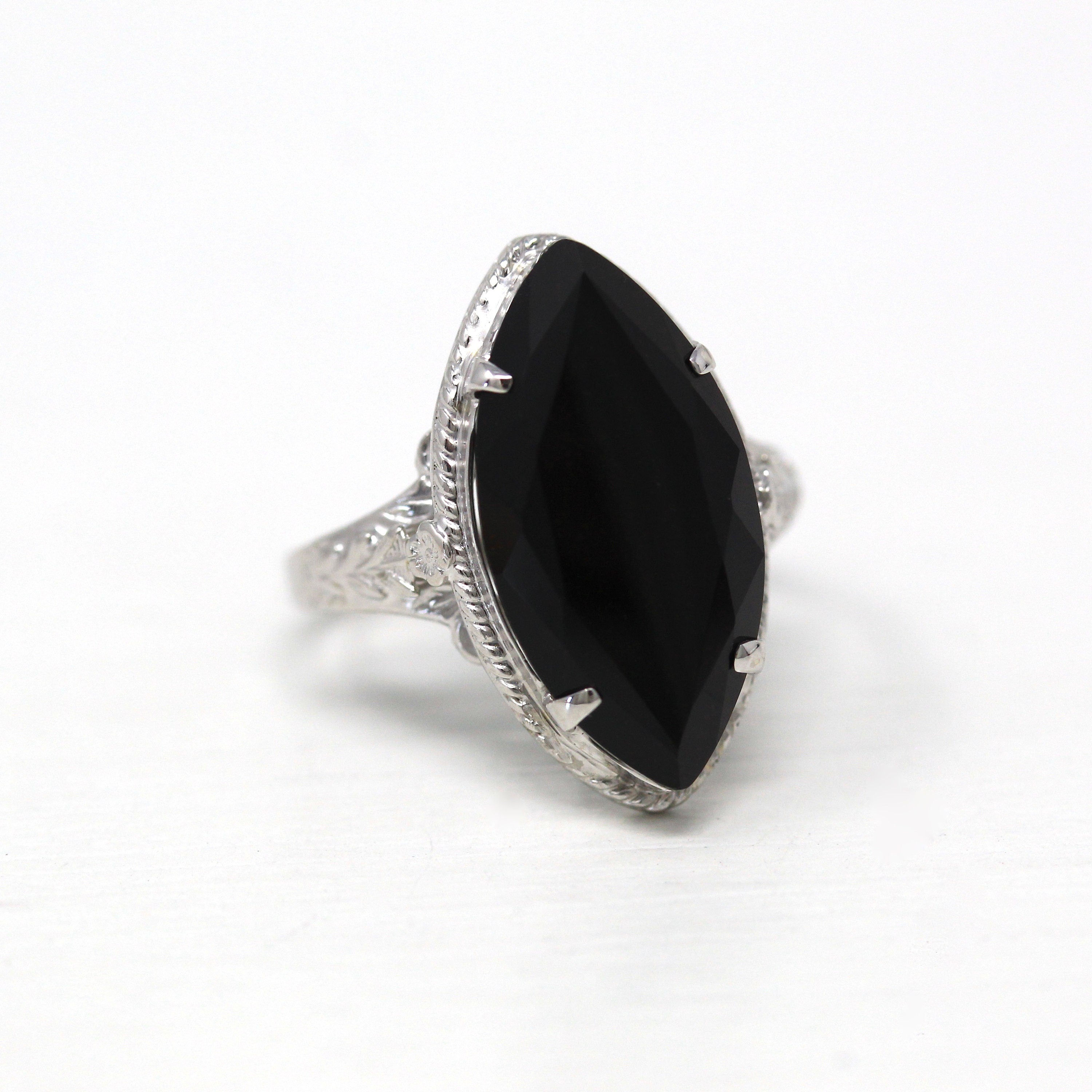 Vintage Onyx Ring - Art Deco 14k White Gold Genuine3.69 CT Gemstone - Vintage Circa 1930s Size 4.5 Fine Flower Navette Jewelry