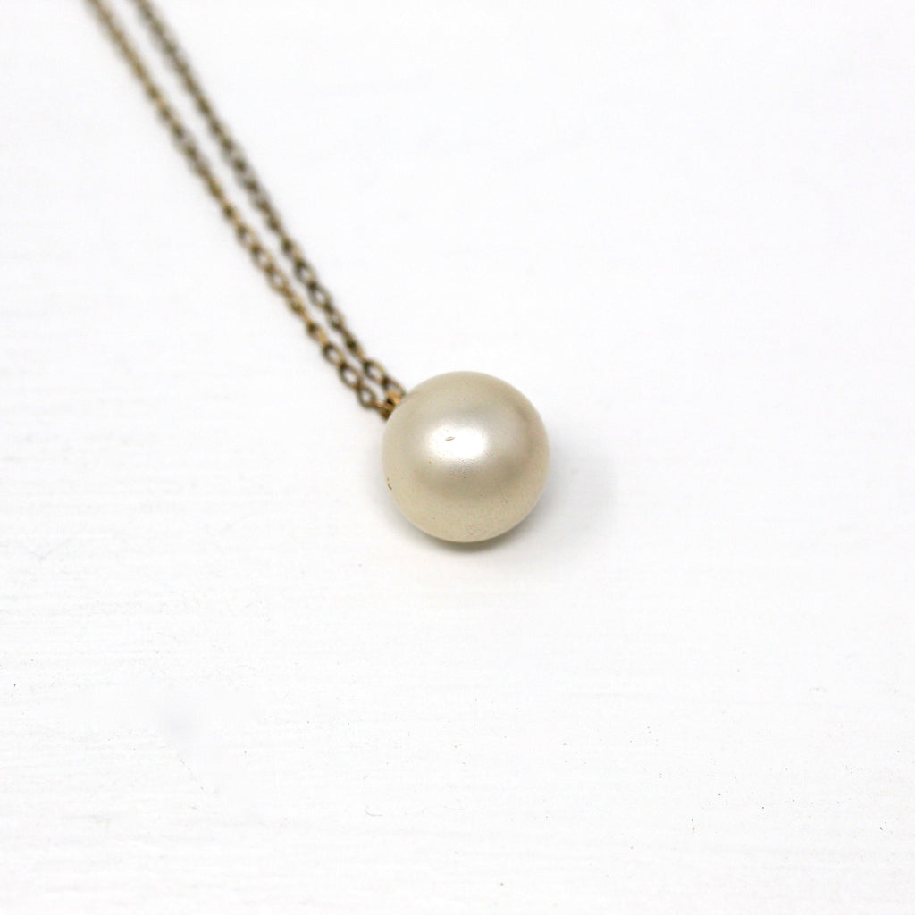 Simulated Pearl Pendant - Retro Gold Filled Round Off White Charm Necklace - Vintage Circa 1960s Era June Birthstone Beach Mermaid Jewelry