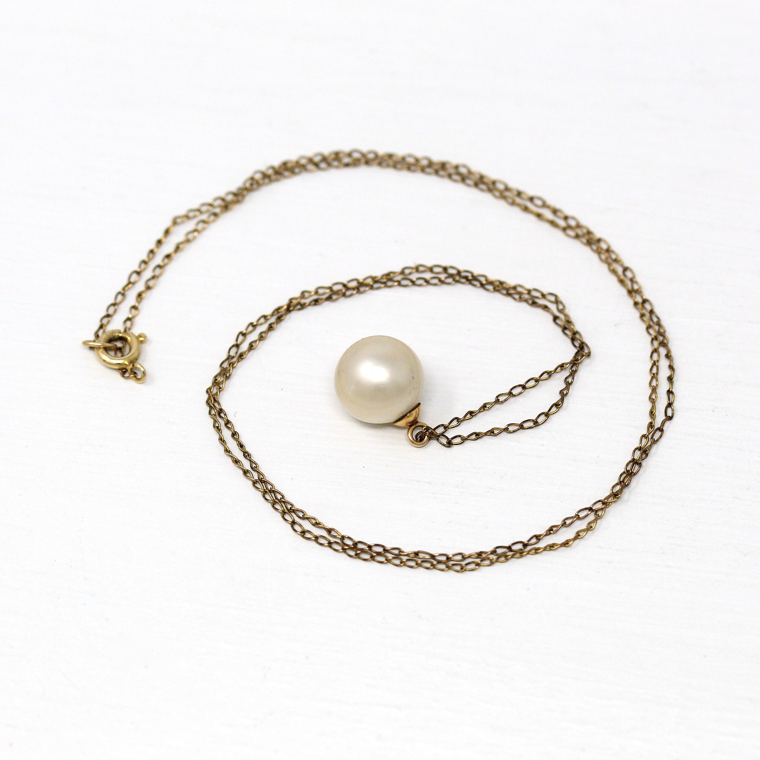 Simulated Pearl Pendant - Retro Gold Filled Round Off White Charm Necklace - Vintage Circa 1960s Era June Birthstone Beach Mermaid Jewelry