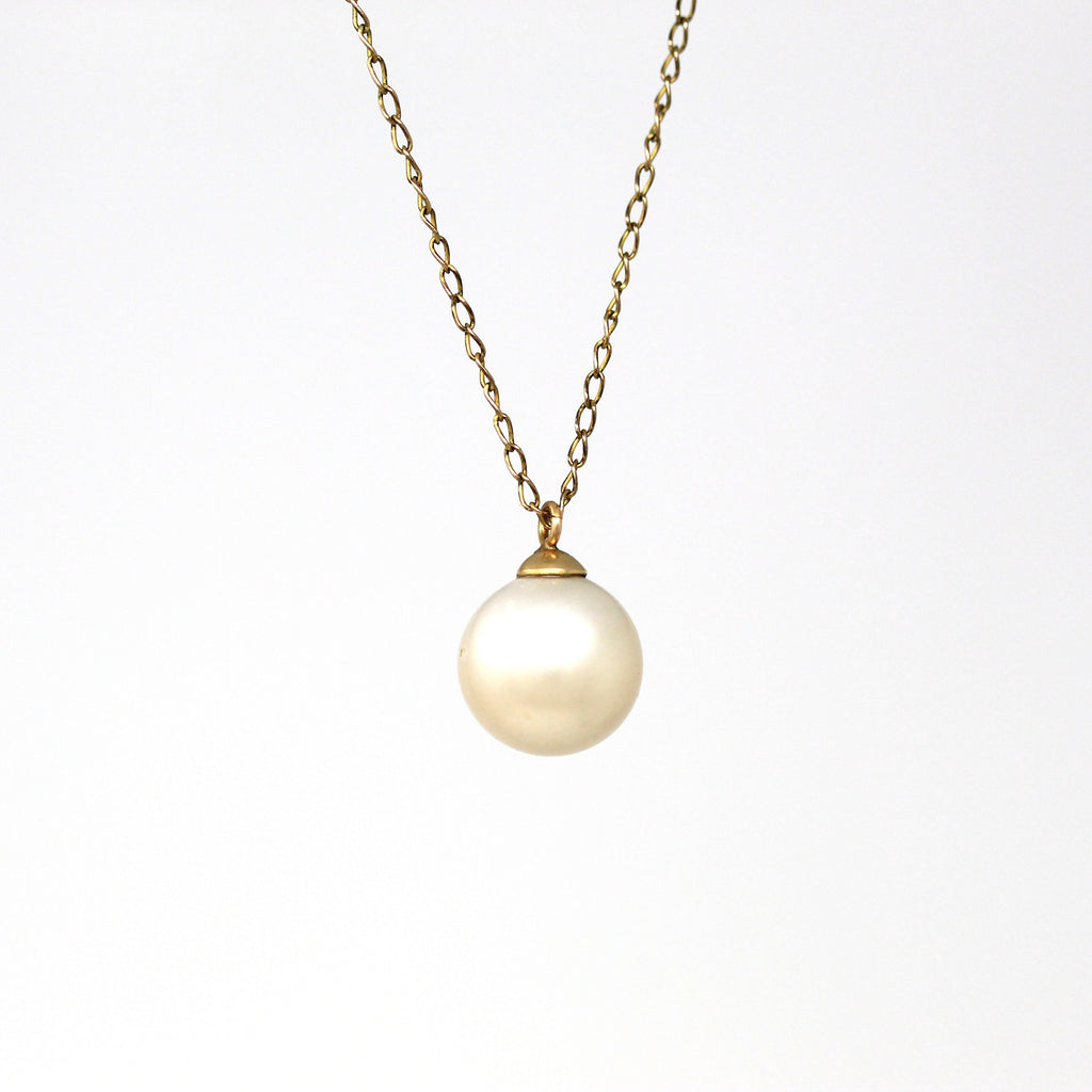 Simulated Pearl Pendant - Retro Gold Filled Round Off White Charm Necklace - Vintage Circa 1960s Era June Birthstone Beach Mermaid Jewelry