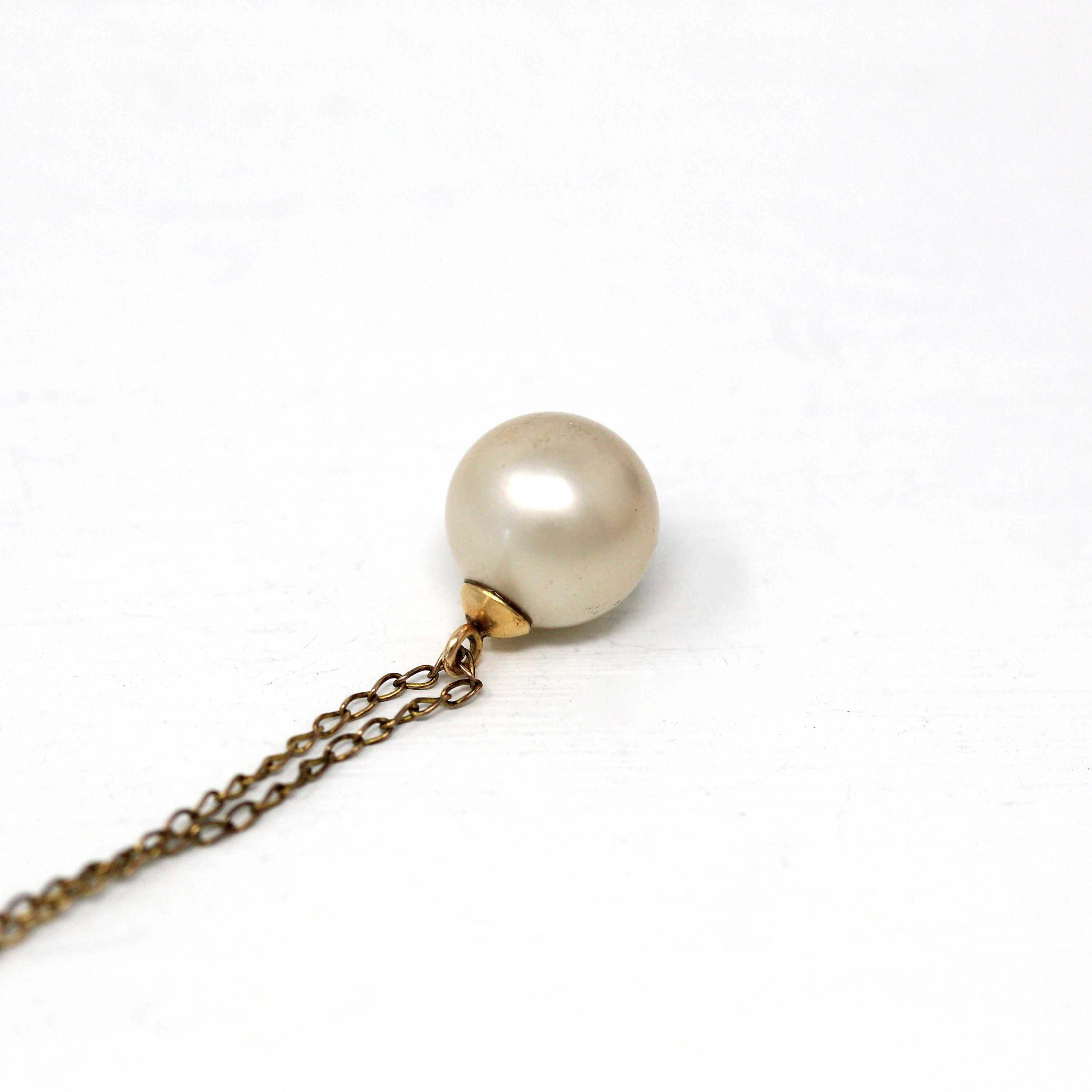 Simulated Pearl Pendant - Retro Gold Filled Round Off White Charm Necklace - Vintage Circa 1960s Era June Birthstone Beach Mermaid Jewelry