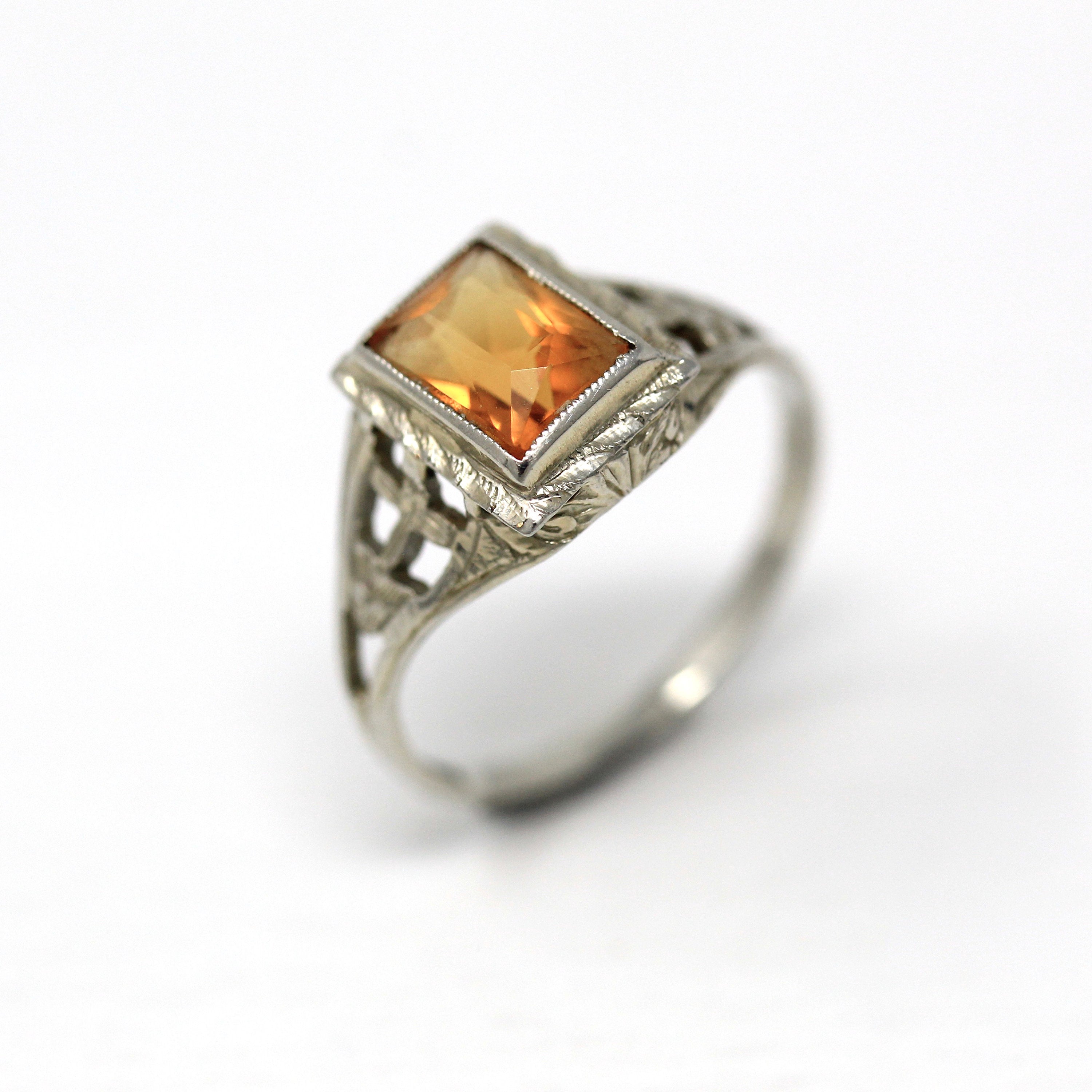 Genuine Citrine Ring - Art Deco 18k White Gold Filigree Rectangular Faceted 2.06 CT Gemstone - Vintage Circa 1930s Size 6 1/4 Fine Jewelry