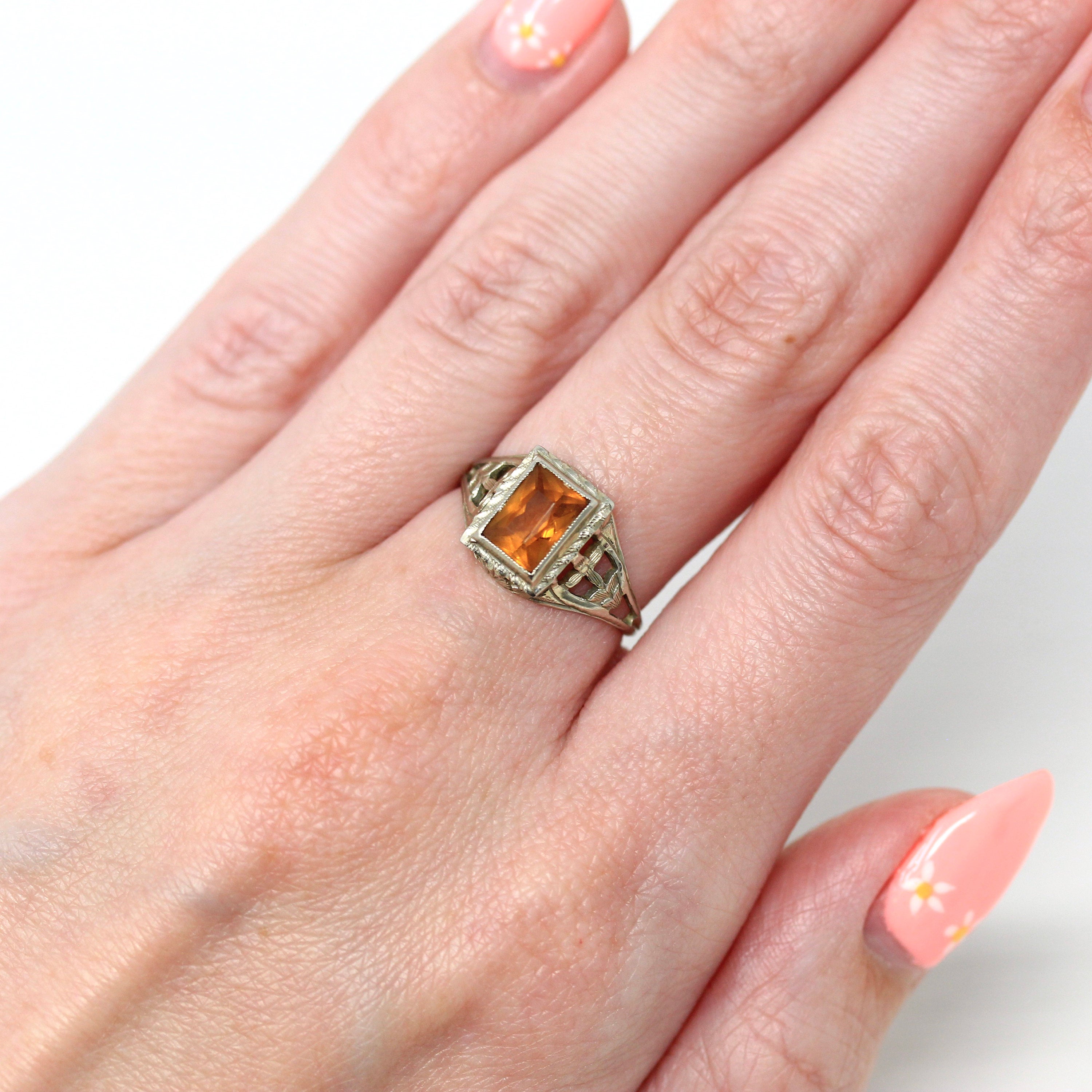 Genuine Citrine Ring - Art Deco 18k White Gold Filigree Rectangular Faceted 2.06 CT Gemstone - Vintage Circa 1930s Size 6 1/4 Fine Jewelry