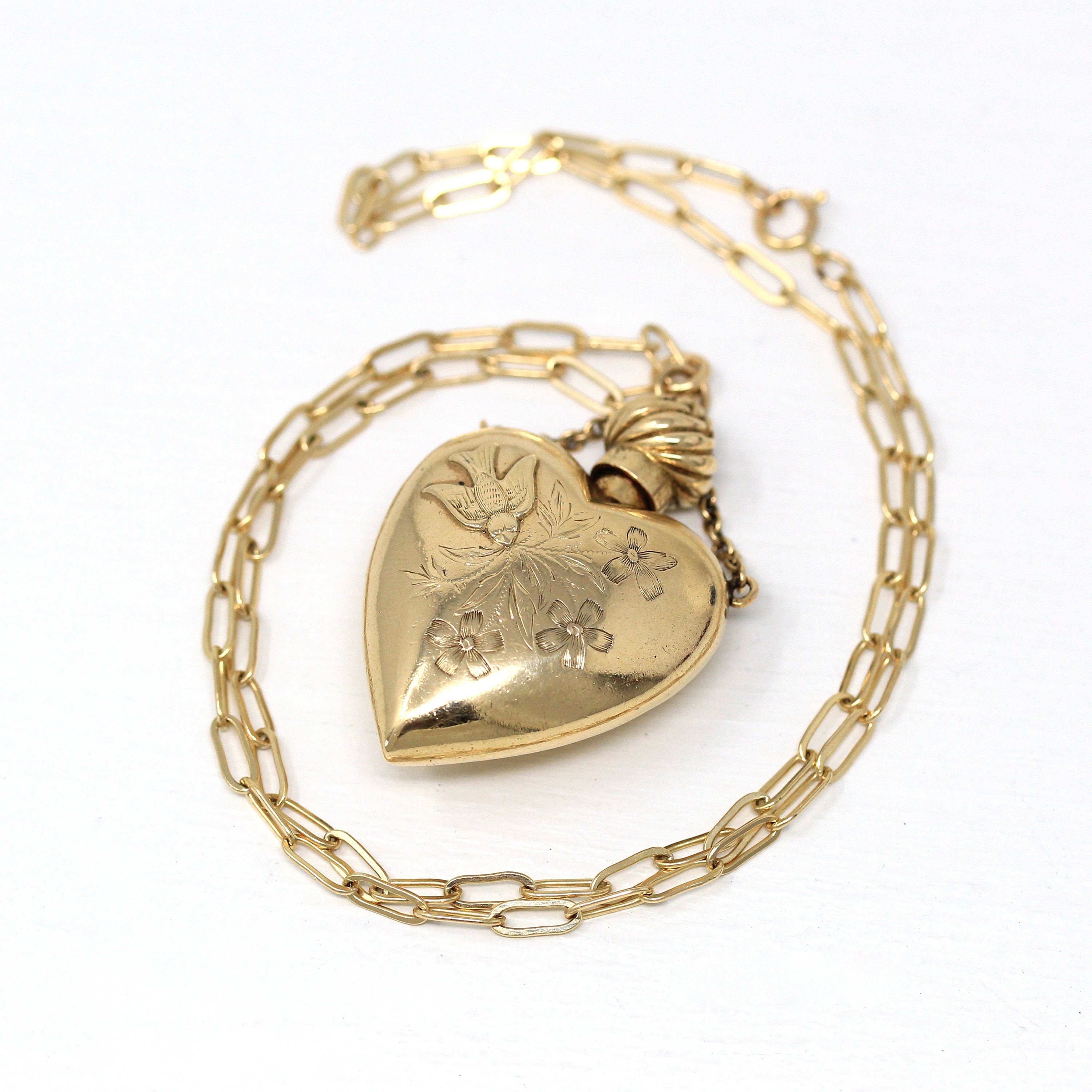 Victorian Perfume Bottle - Antique 14k Yellow Gold Heart Shaped Bird Flower Pendant Charm - Vintage Circa 1890s Era Symbolic Fine Jewelry