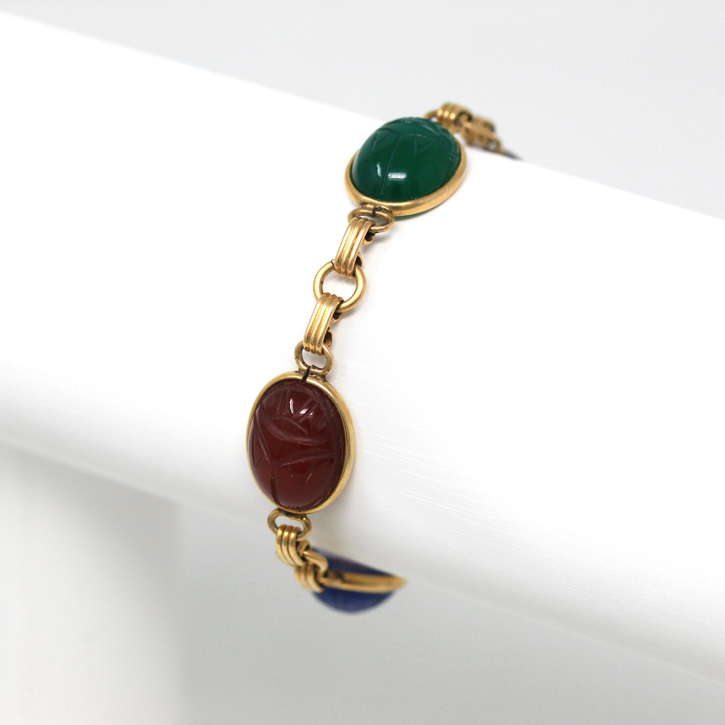 Vintage Scarab Bracelet - Retro 12k Yellow Gold Filled Carved Genuine Gemstones - Circa 1960s Era Egyptian Revival Onyx Carnelian Jewelry