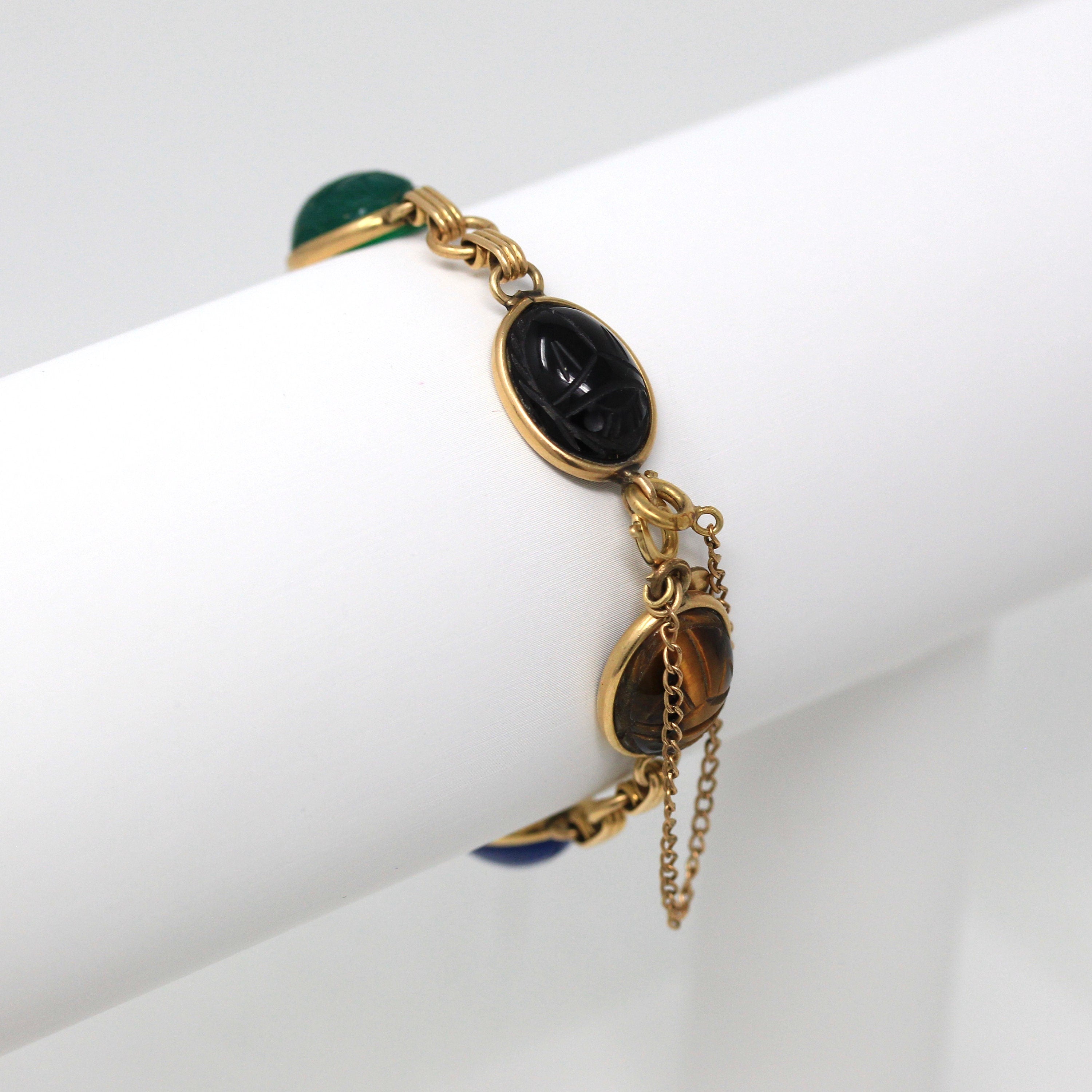 Vintage Scarab Bracelet - Retro 12k Yellow Gold Filled Carved Genuine Gemstones - Circa 1960s Era Egyptian Revival Onyx Carnelian Jewelry