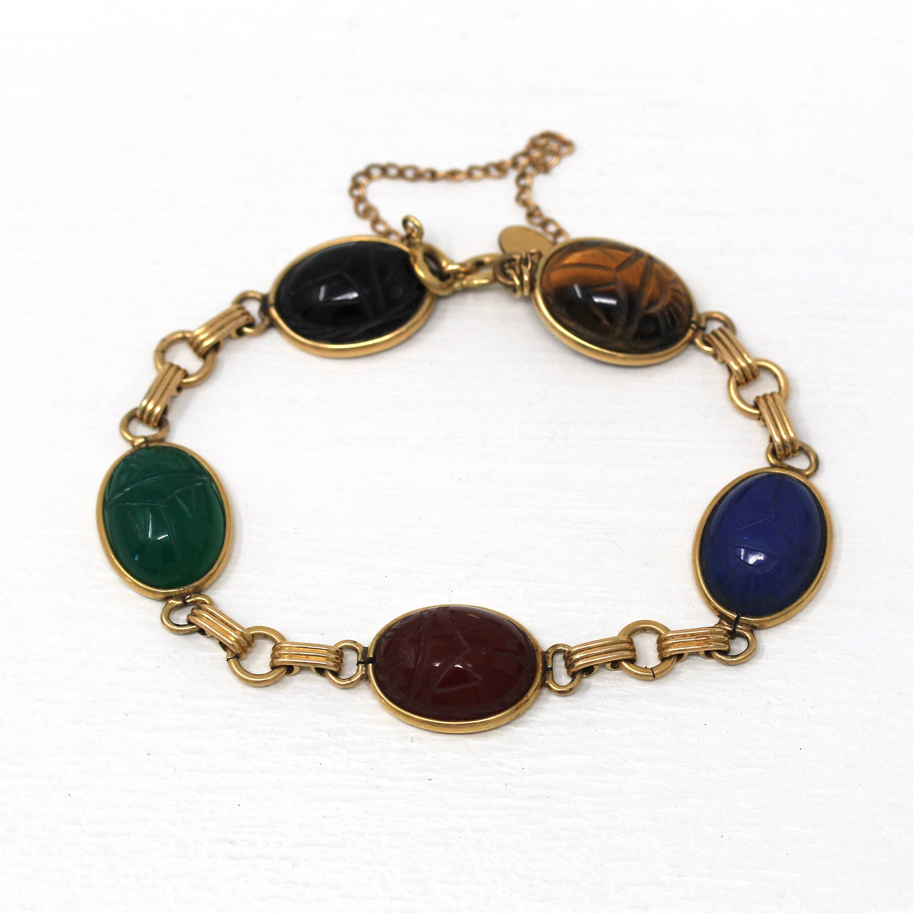 Vintage Scarab Bracelet - Retro 12k Yellow Gold Filled Carved Genuine Gemstones - Circa 1960s Era Egyptian Revival Onyx Carnelian Jewelry