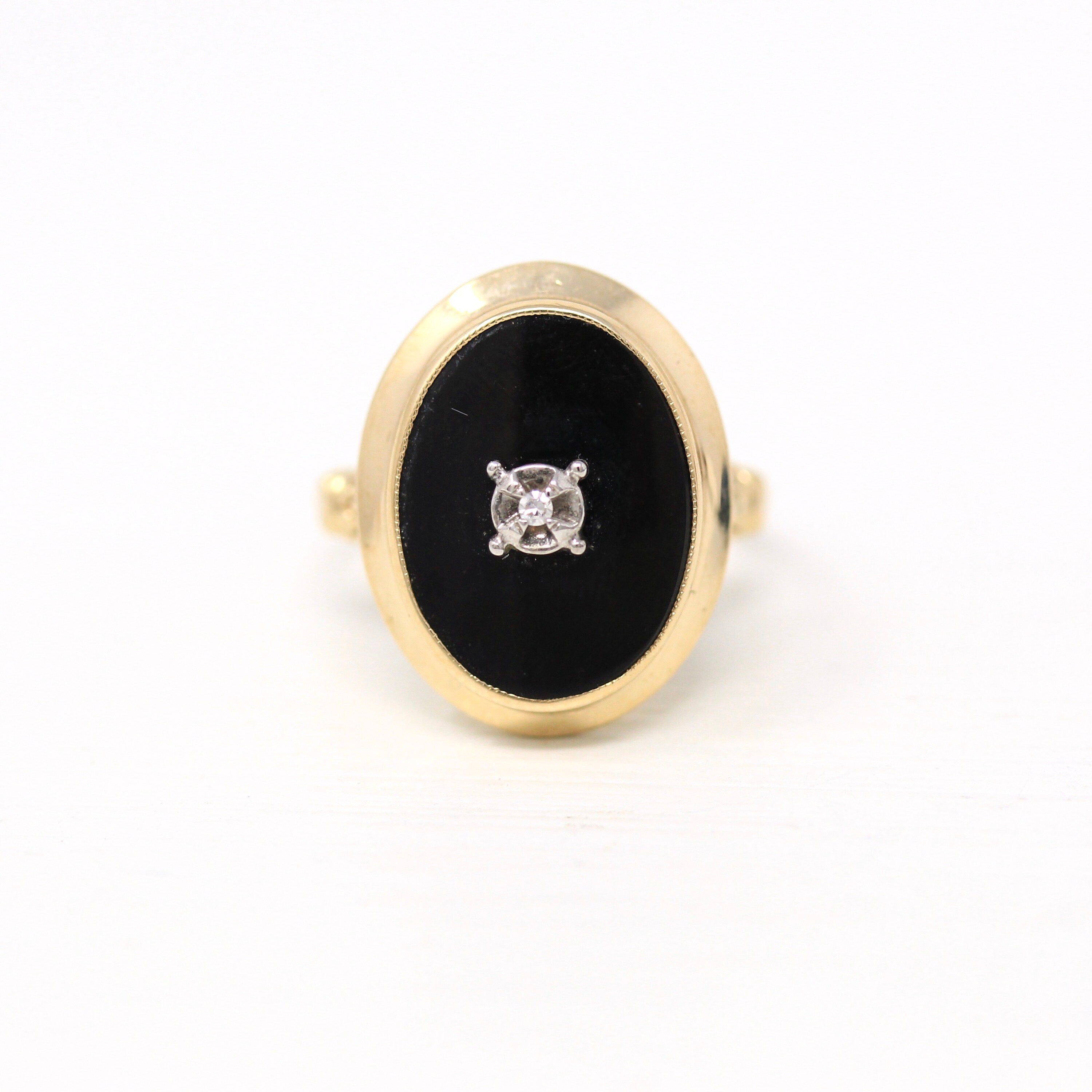 Onyx & Diamond Ring - Retro 10k Yellow Gold Cabochon Cut Genuine Black Gemstone - Vintage Circa 1960s Size 6.25 Statement Esemco 60s Jewelry