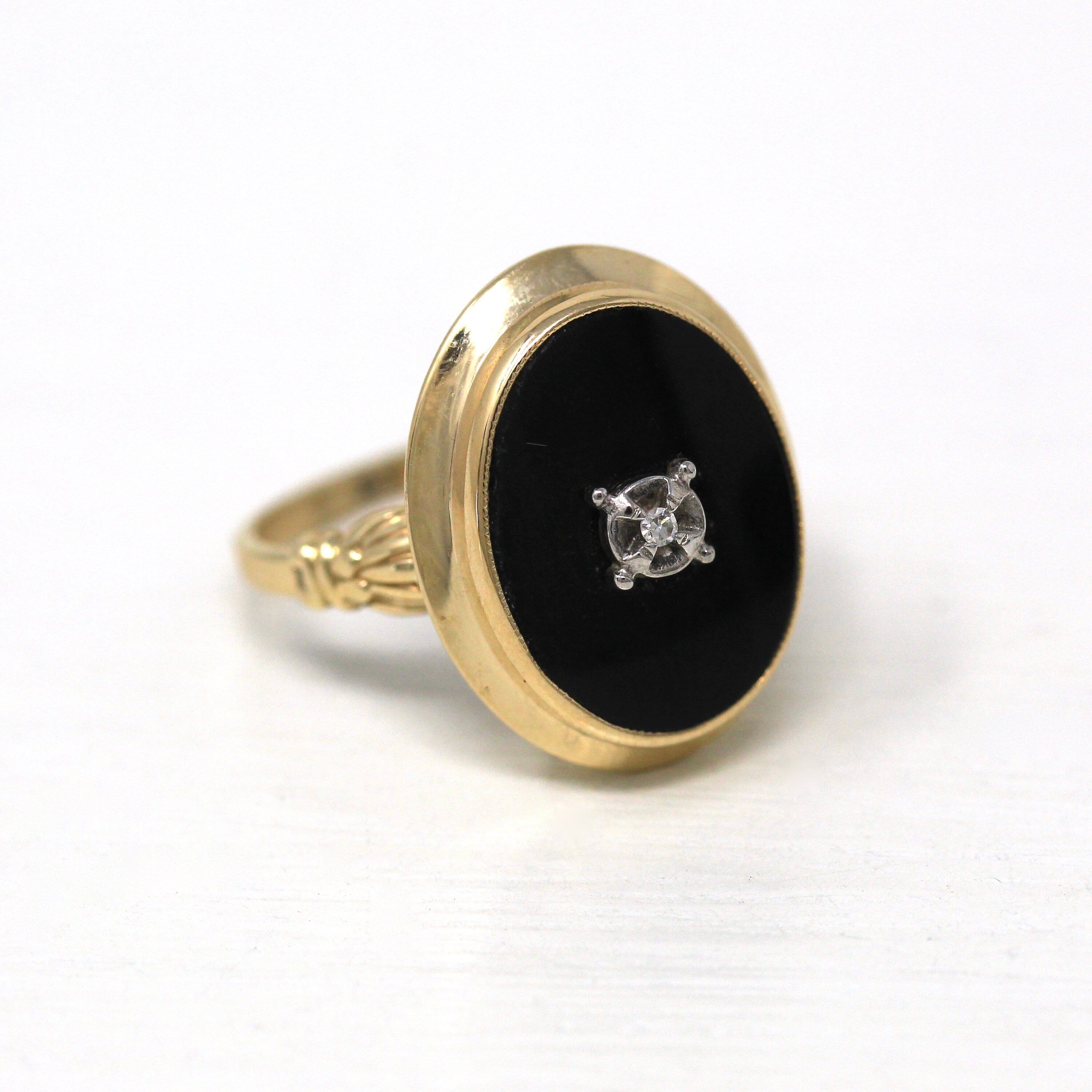 Onyx & Diamond Ring - Retro 10k Yellow Gold Cabochon Cut Genuine Black Gemstone - Vintage Circa 1960s Size 6.25 Statement Esemco 60s Jewelry