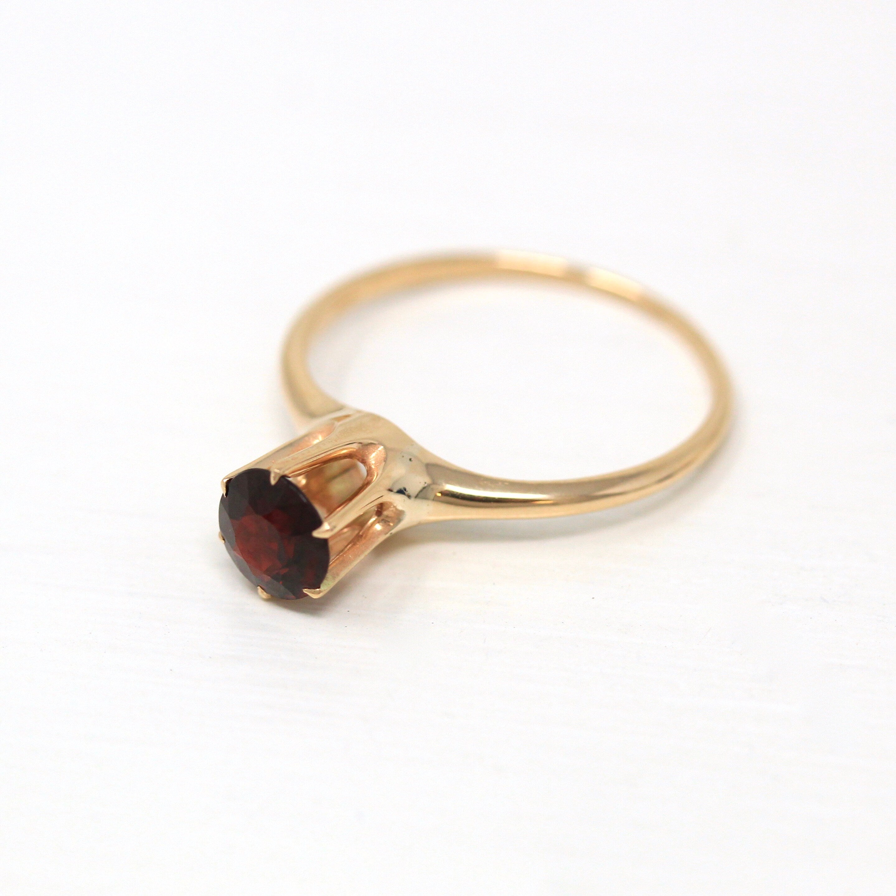 Genuine Garnet Ring - Edwardian 10k Yellow Gold Round Faceted Red .87 CT Gemstone - Antique Circa 1910s Era Size 8 Solitaire Fine Jewelry