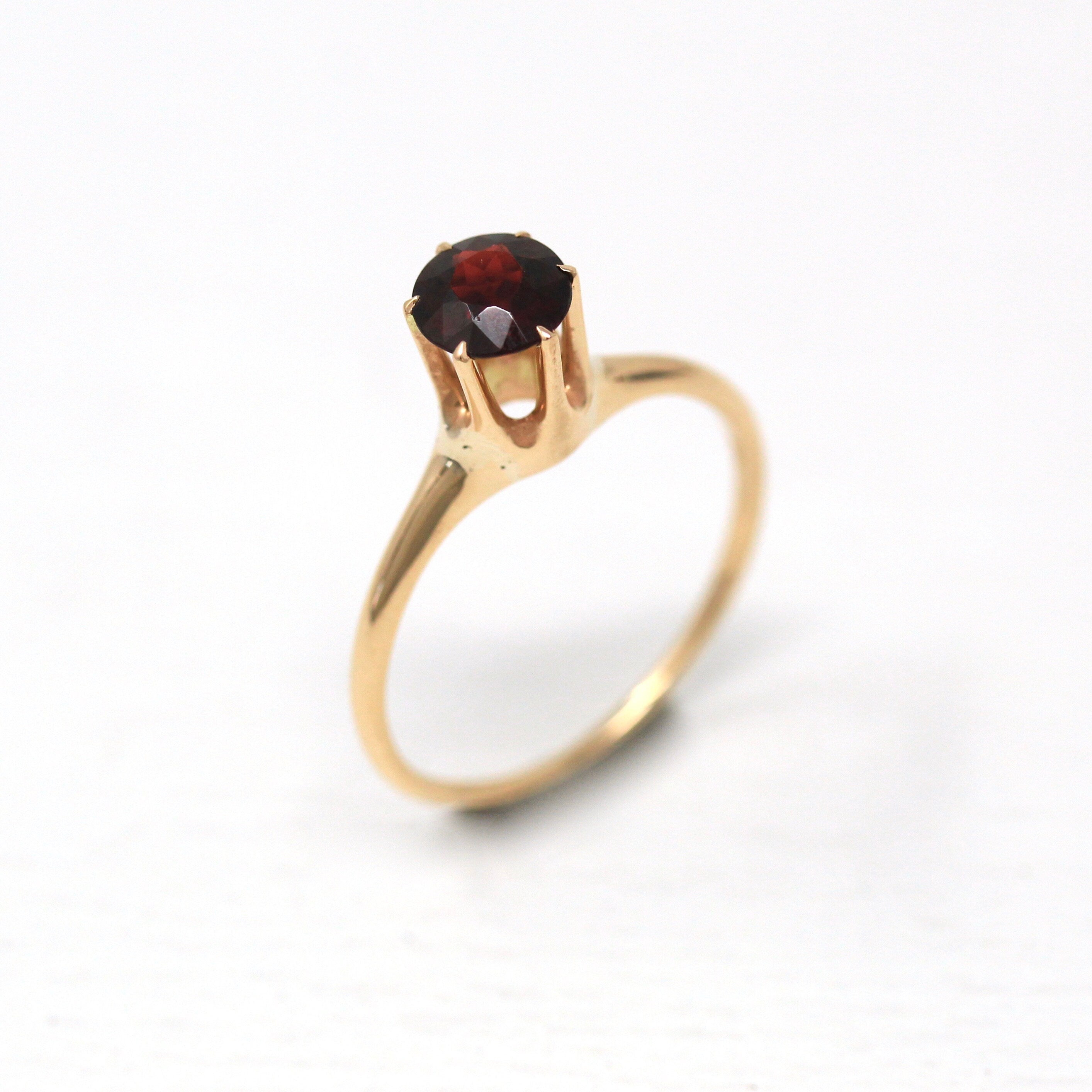 Genuine Garnet Ring - Edwardian 10k Yellow Gold Round Faceted Red .87 CT Gemstone - Antique Circa 1910s Era Size 8 Solitaire Fine Jewelry