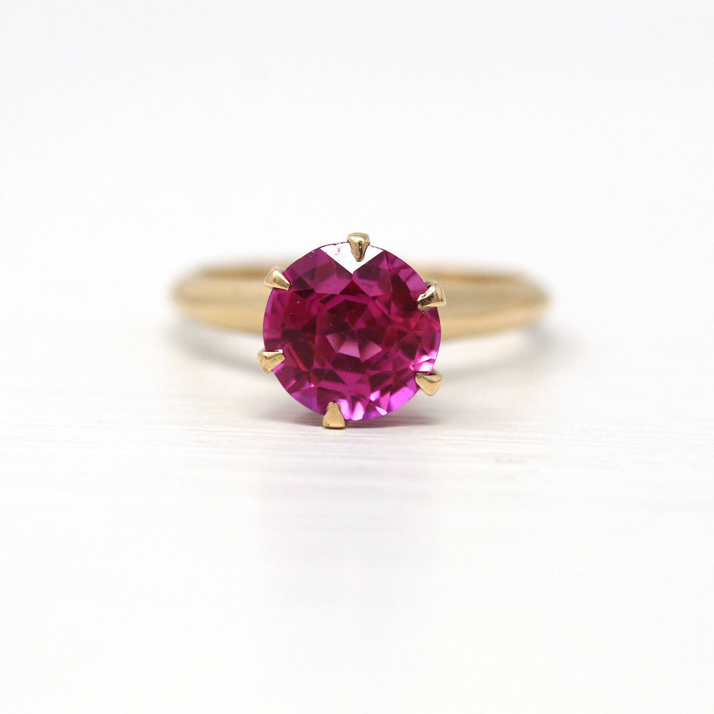 Created Ruby Ring - Edwardian 10k Yellow Gold Round Faceted 2.78 CT Red Pink Stone - Antique 1910s Era Size 7 Fine Solitaire Style Jewelry