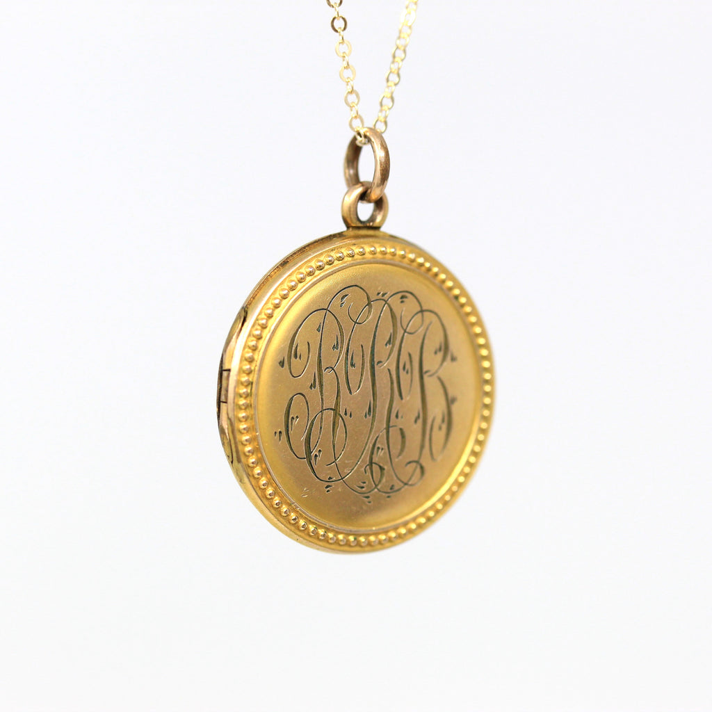 Monogrammed "RRB" Locket - Edwardian Gold Filled Round Engraved Photo Pendant Necklace - Antique Circa 1900s Era Photograph Keepsake Jewelry
