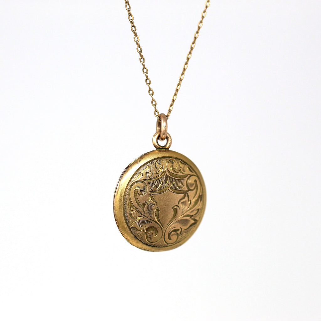 Antique "Rella" Locket - Edwardian Gold Filled Round Engraved Name Shield Pendant Necklace - Circa 1910s Era Photo Keepsake Charm Jewelry
