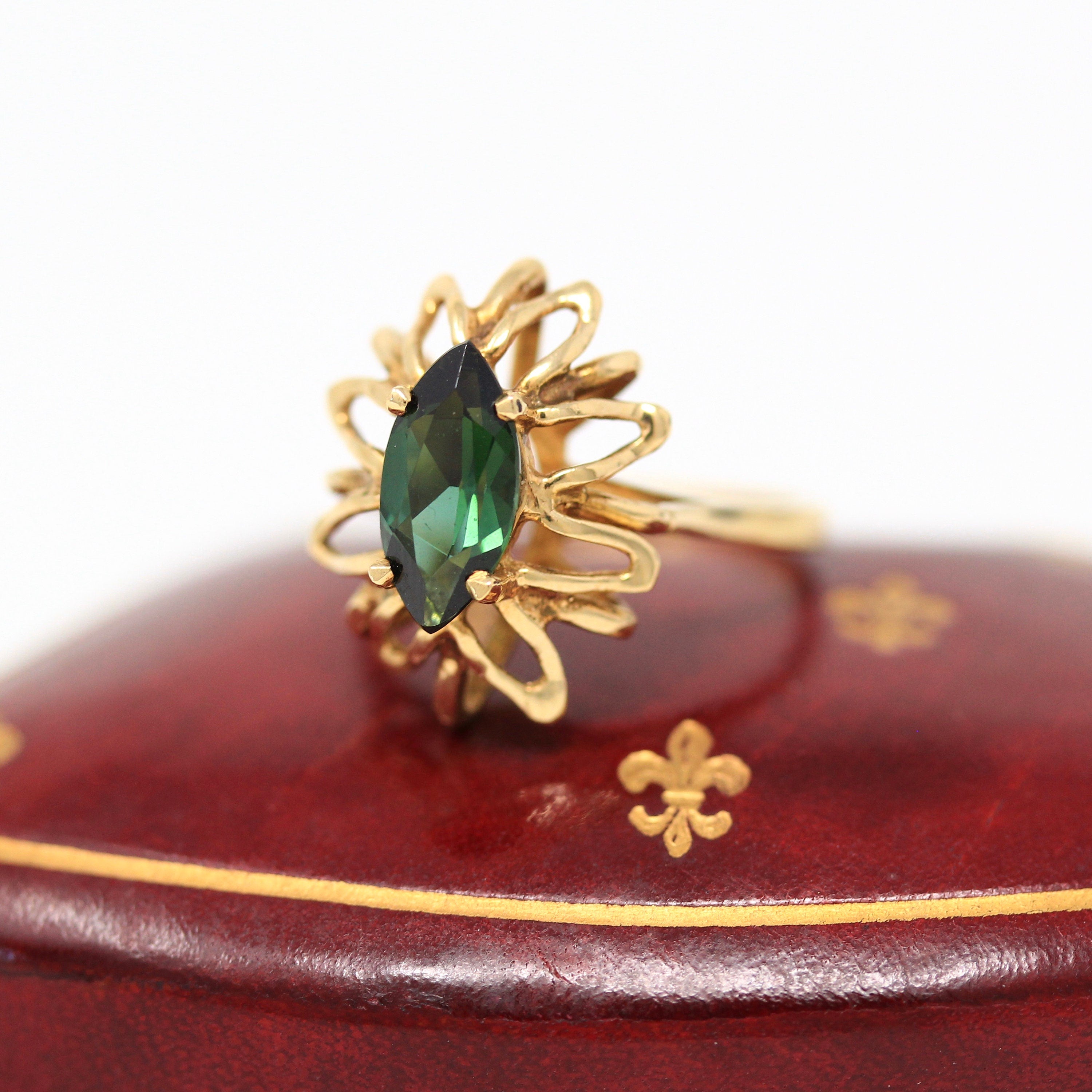 Sale - Genuine Tourmaline Ring - Retro 14k Yellow Gold Marquise Cut .75 CT Gem - Retro Circa 1970s Era Size 5 Statement Flower Fine Jewelry