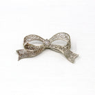 Vintage Bow Brooch - Art Deco 14k White Gold Old European Cut Diamond Ribbon Pin - Vintage Circa 1930s Era Flower Filigree Fine 30s Jewelry