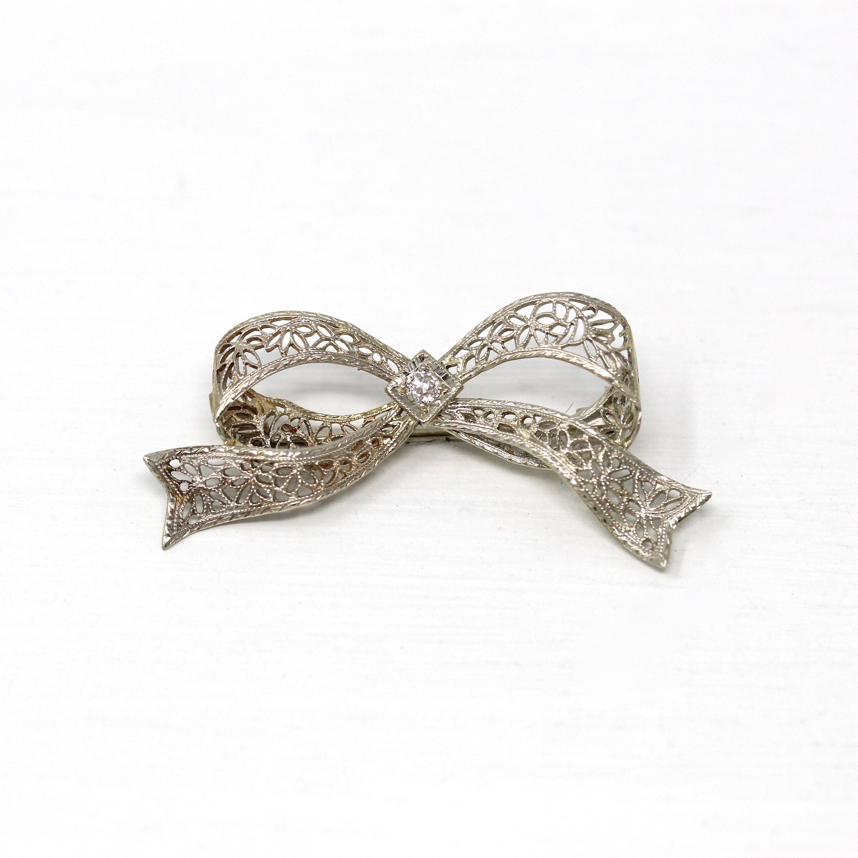 Vintage Bow Brooch - Art Deco 14k White Gold Old European Cut Diamond Ribbon Pin - Vintage Circa 1930s Era Flower Filigree Fine 30s Jewelry