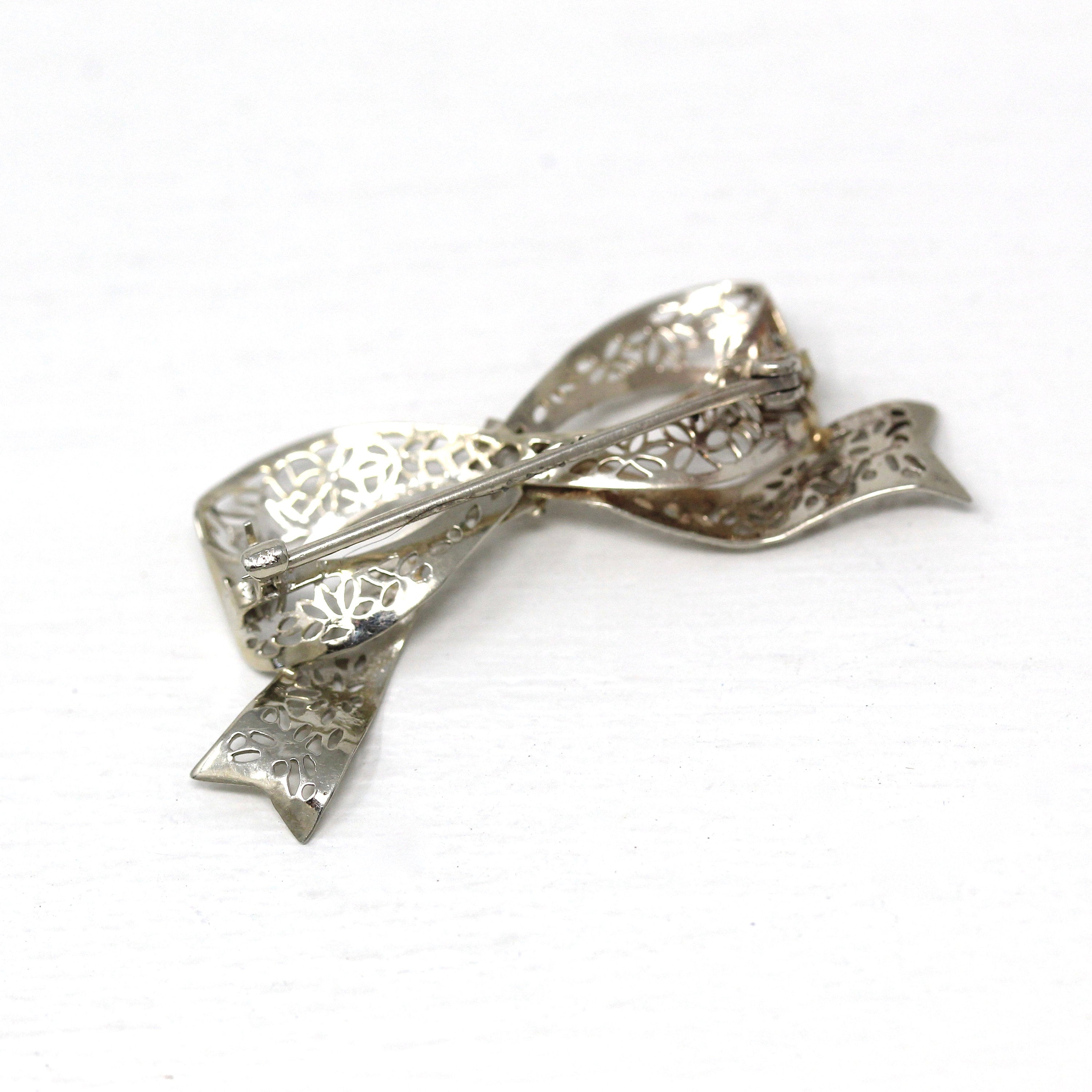 Vintage Bow Brooch - Art Deco 14k White Gold Old European Cut Diamond Ribbon Pin - Vintage Circa 1930s Era Flower Filigree Fine 30s Jewelry