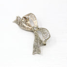 Vintage Bow Brooch - Art Deco 14k White Gold Old European Cut Diamond Ribbon Pin - Vintage Circa 1930s Era Flower Filigree Fine 30s Jewelry