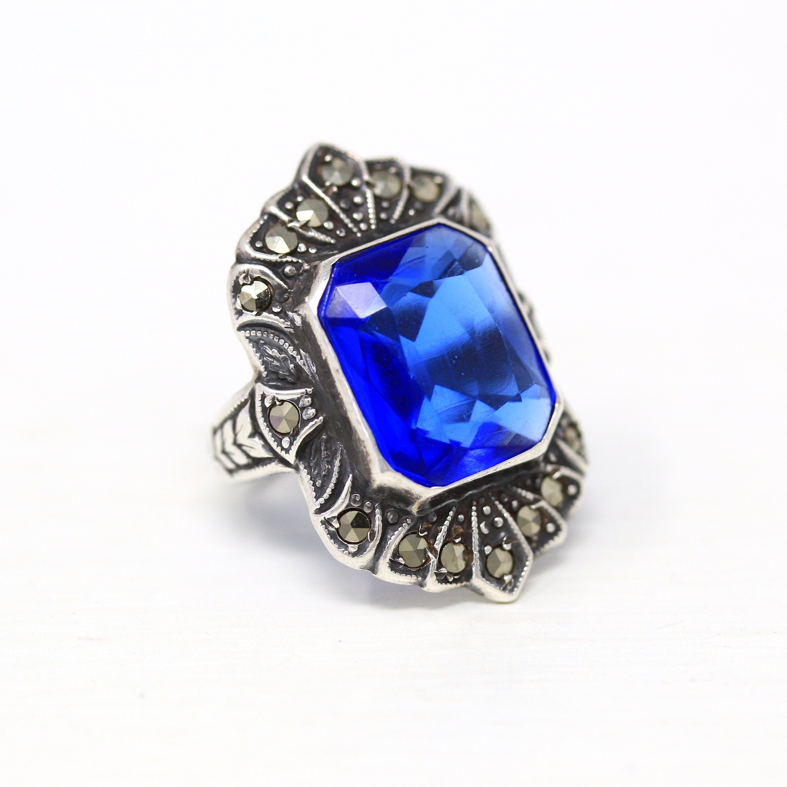 Art Deco Ring - Vintage Sterling Silver Blue Glass Genuine Marcasite - 1930s Era Size 3 Simulated Sapphire Shield Style Flapper Jewelry