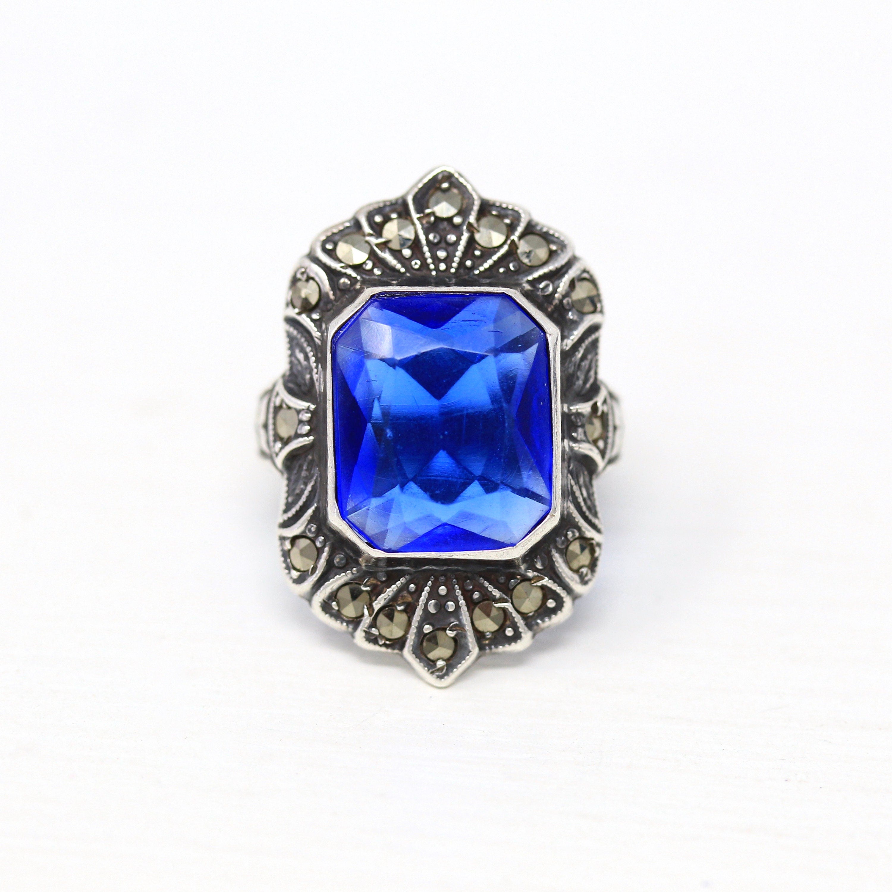 Art Deco Ring - Vintage Sterling Silver Blue Glass Genuine Marcasite - 1930s Era Size 3 Simulated Sapphire Shield Style Flapper Jewelry