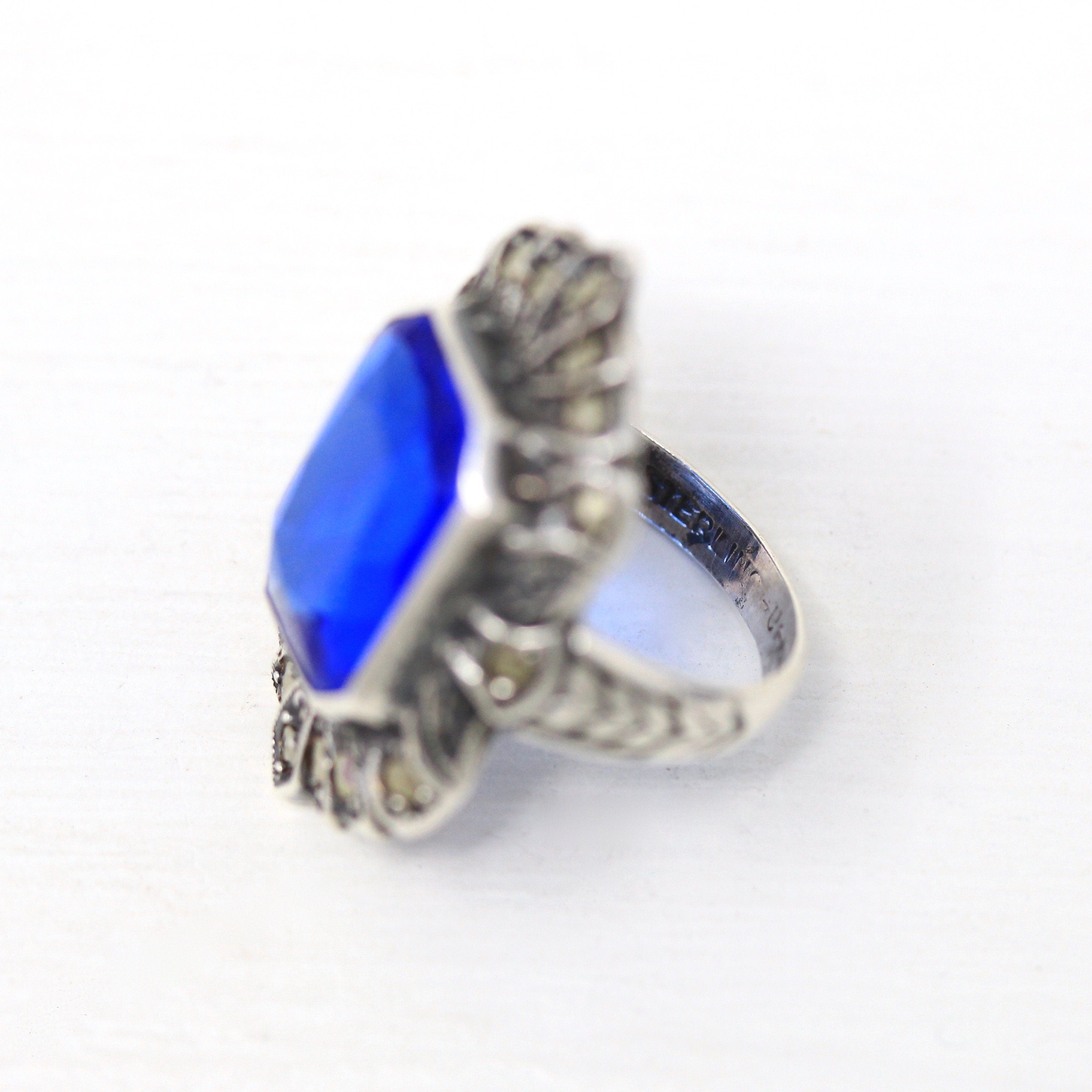 Art Deco Ring - Vintage Sterling Silver Blue Glass Genuine Marcasite - 1930s Era Size 3 Simulated Sapphire Shield Style Flapper Jewelry