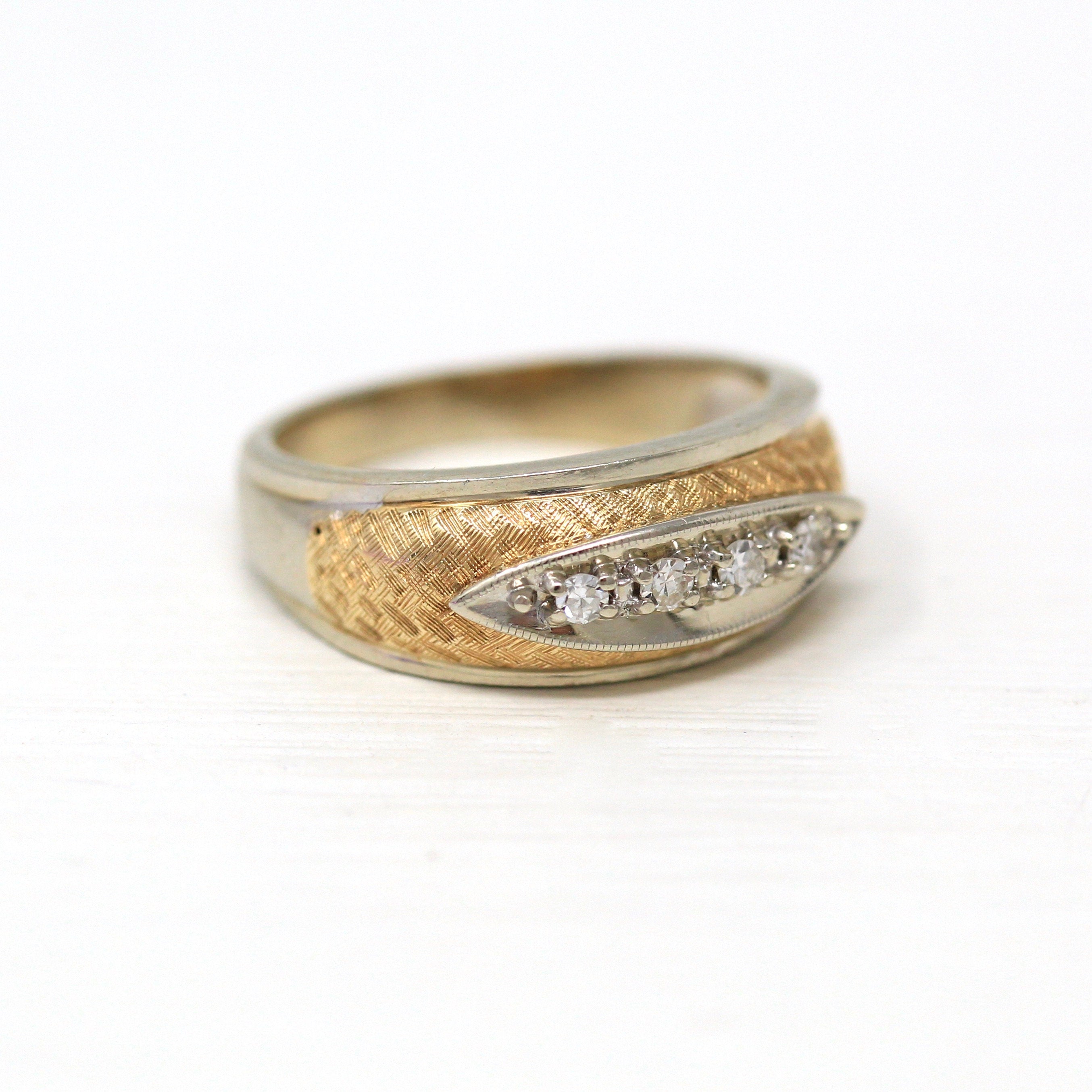 Vintage Ring Band - 14k Yellow & White Gold .08 ctw Diamond Wedding Unisex - Retro 70s Size 6 1/4 Two Tone Four Diamond Classic Fine Jewelry