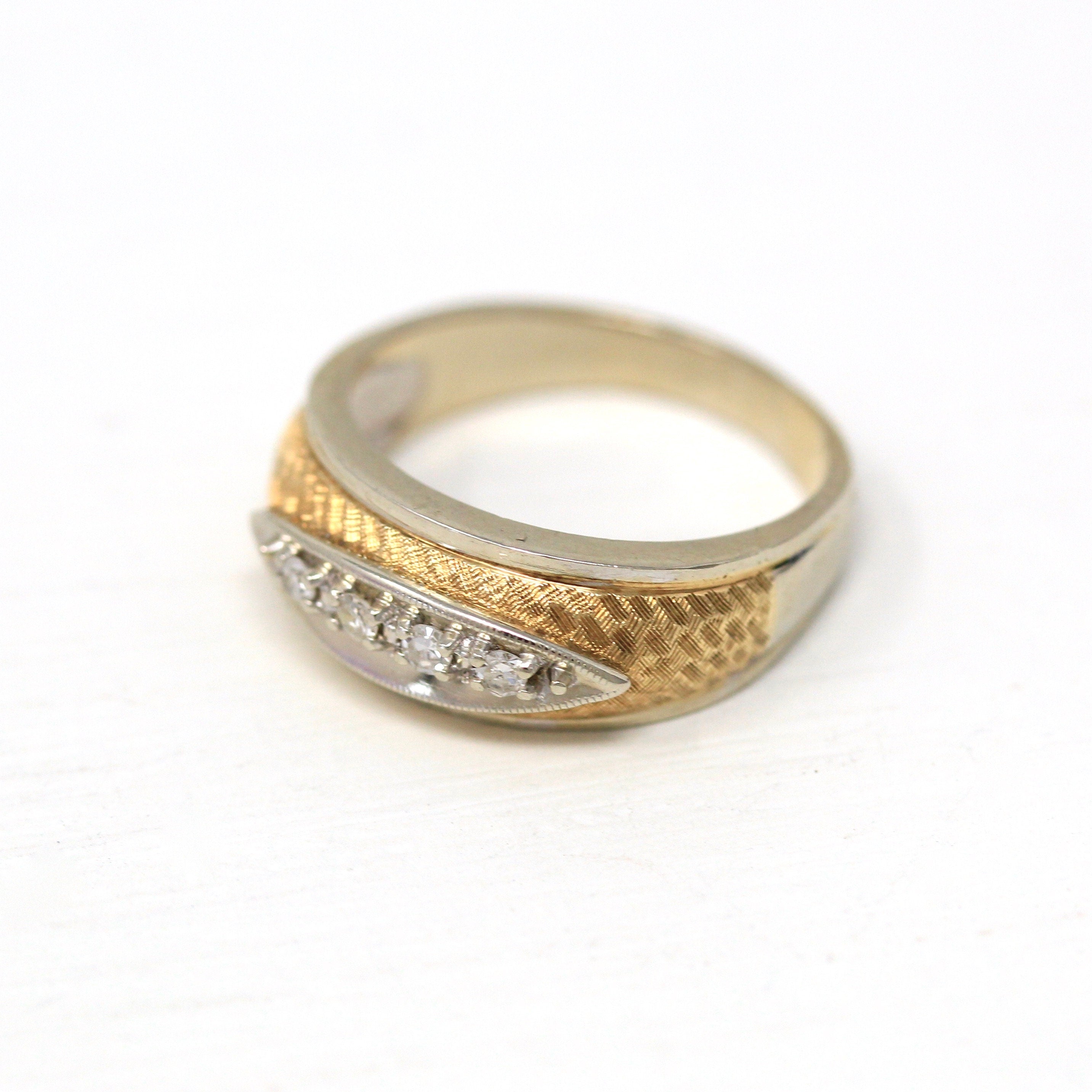 Vintage Ring Band - 14k Yellow & White Gold .08 ctw Diamond Wedding Unisex - Retro 70s Size 6 1/4 Two Tone Four Diamond Classic Fine Jewelry