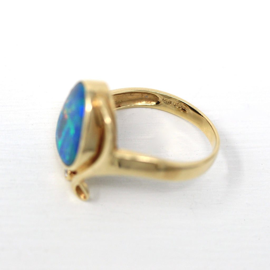 Opal Doublet Ring - Estate 14k Yellow Gold Artistic Design Statement - Size 7.5 Blue Green Play of Color Gemstone Fine Diamond Jewelry