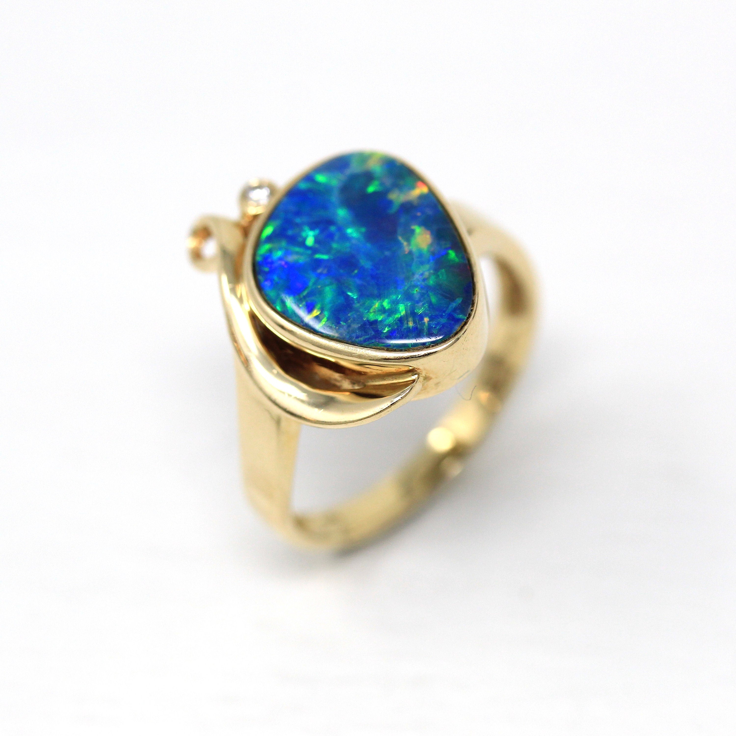 Opal Doublet Ring - Estate 14k Yellow Gold Artistic Design Statement - Size 7.5 Blue Green Play of Color Gemstone Fine Diamond Jewelry