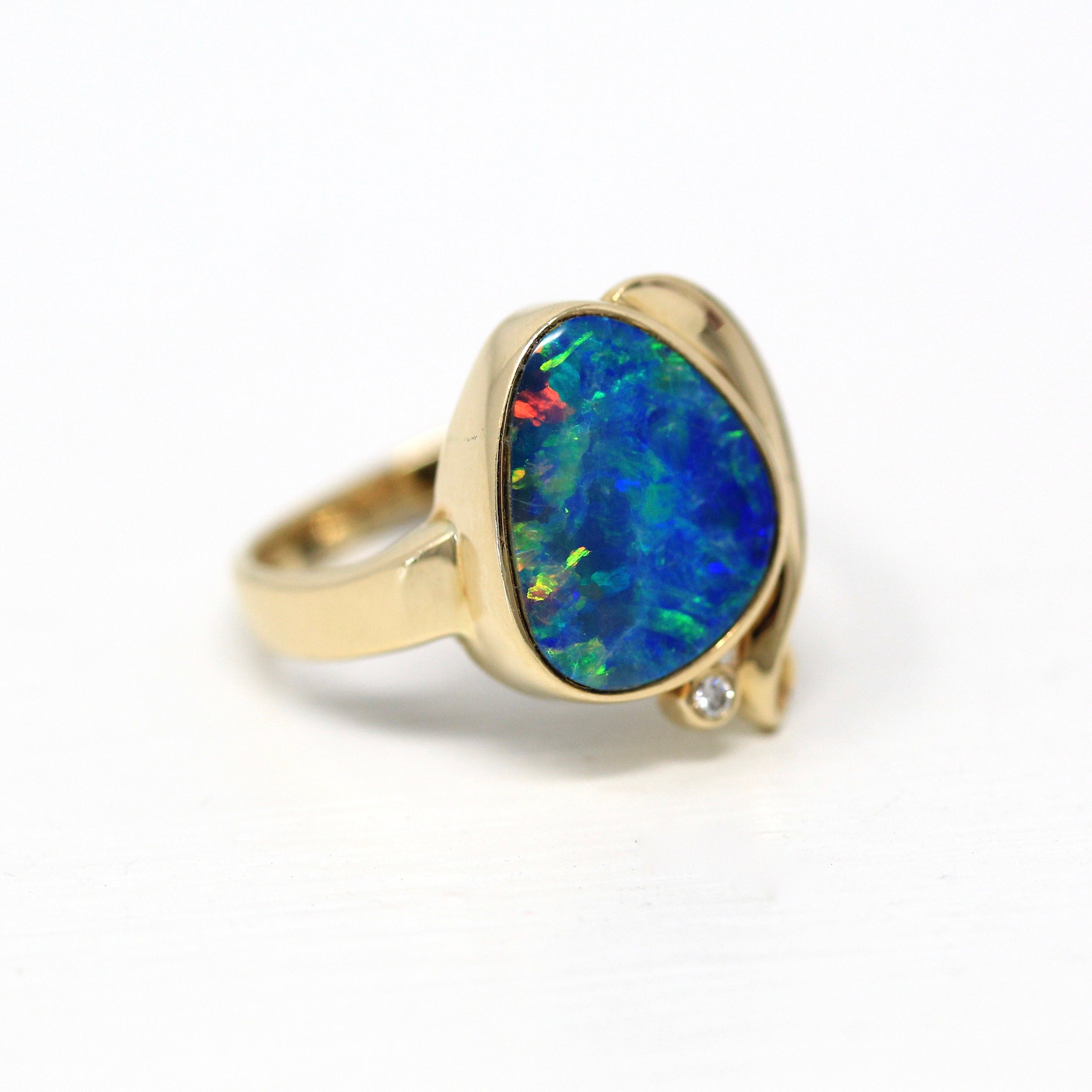 Opal Doublet Ring - Estate 14k Yellow Gold Artistic Design Statement - Size 7.5 Blue Green Play of Color Gemstone Fine Diamond Jewelry