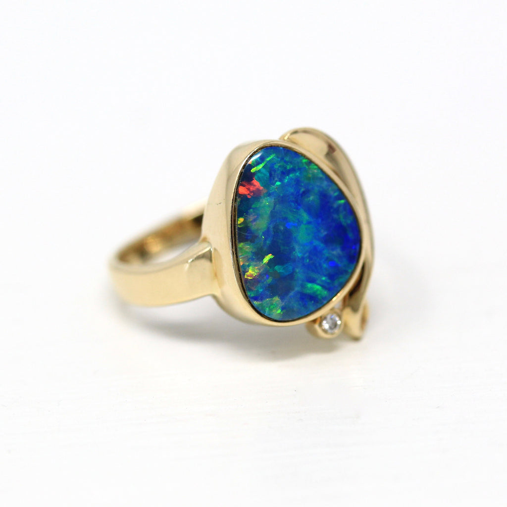 Opal Doublet Ring - Estate 14k Yellow Gold Artistic Design Statement - Size 7.5 Blue Green Play of Color Gemstone Fine Diamond Jewelry