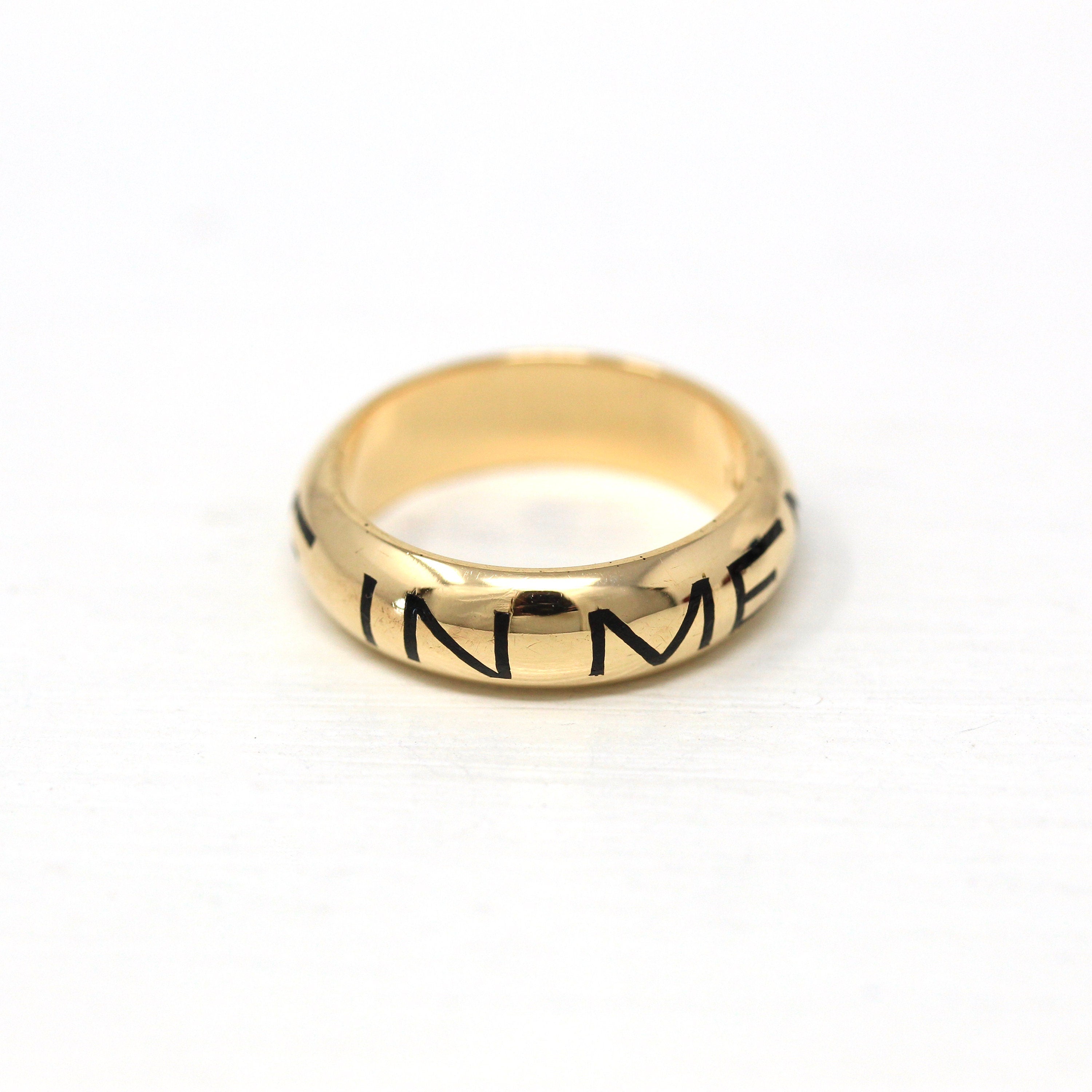 Gold Memorial Band - Modern Estate 14k Yellow Gold "In Memory Of" Ring - Size 6 Heavy Black Enamel Fine 5.5 mm Antique Style Jewelry